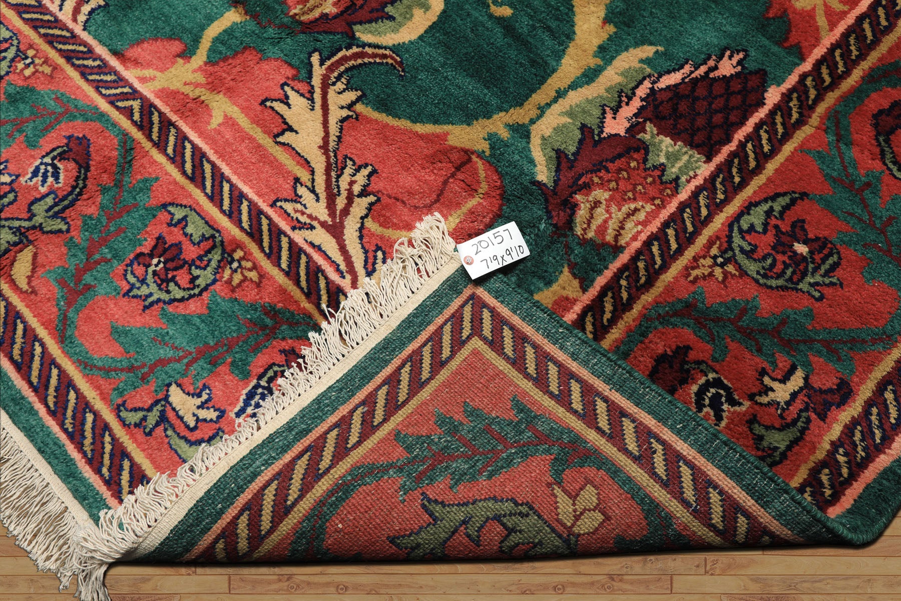 8x10 Teal-Green, Raspberry-Rose, Gold Color Hand Knotted Arts & Crafts Wool Eclectic Oriental Rug