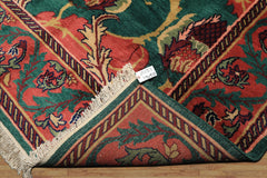 8x10 Teal-Green, Raspberry-Rose, Gold Color Hand Knotted Arts & Crafts Wool Eclectic Oriental Rug