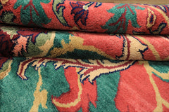 8x10 Teal-Green, Raspberry-Rose, Gold Color Hand Knotted Arts & Crafts Wool Eclectic Oriental Rug