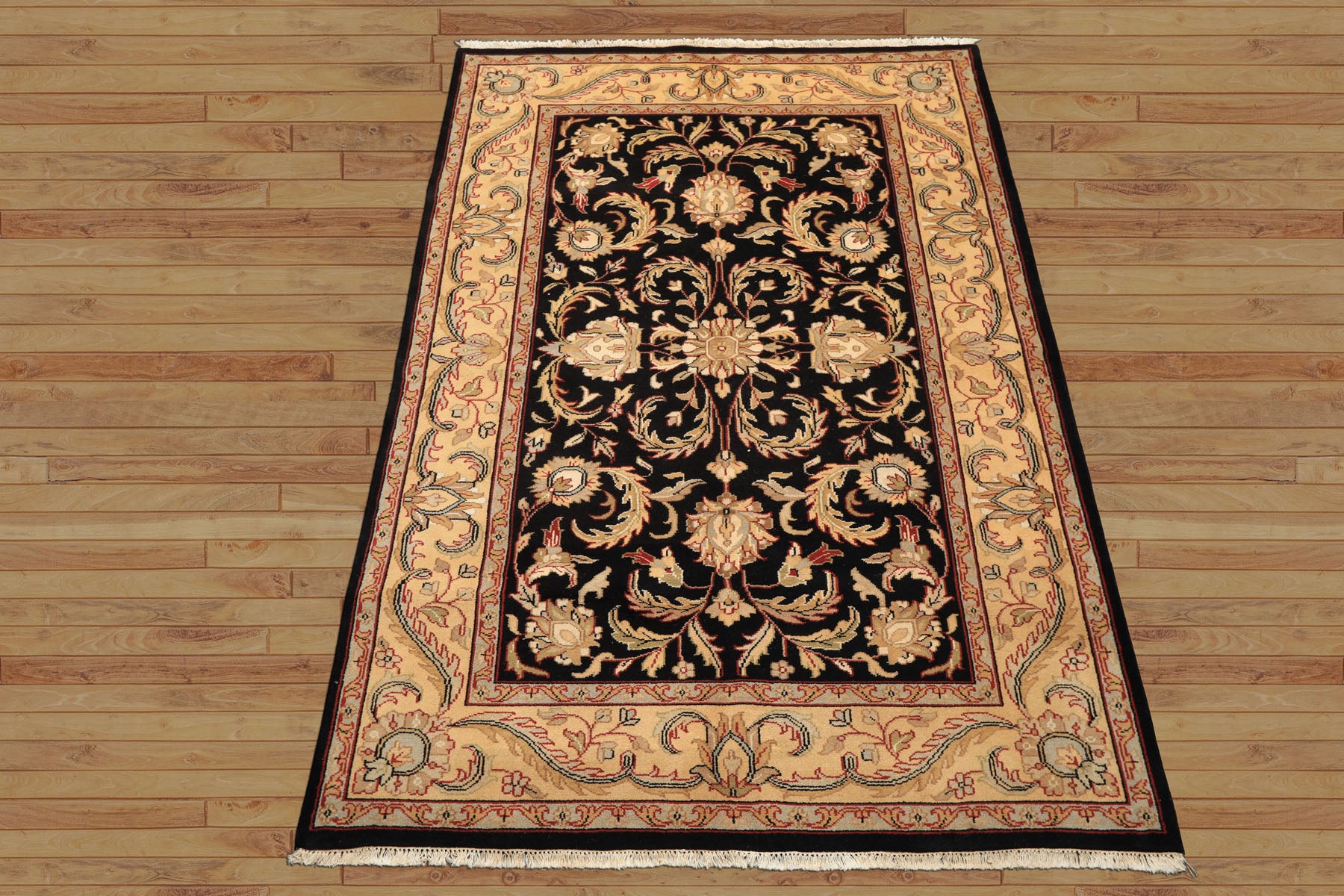 6x9 Black, Warm, Beige Color Hand Knotted Agra Wool Traditional Oriental Rug