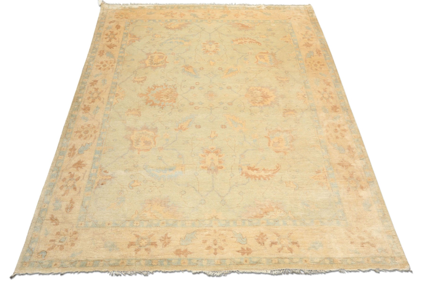 8x10 Beige, Gray, Blue Color Hand Knotted Oushak New Zealand Wool Transitional Oriental Rug
