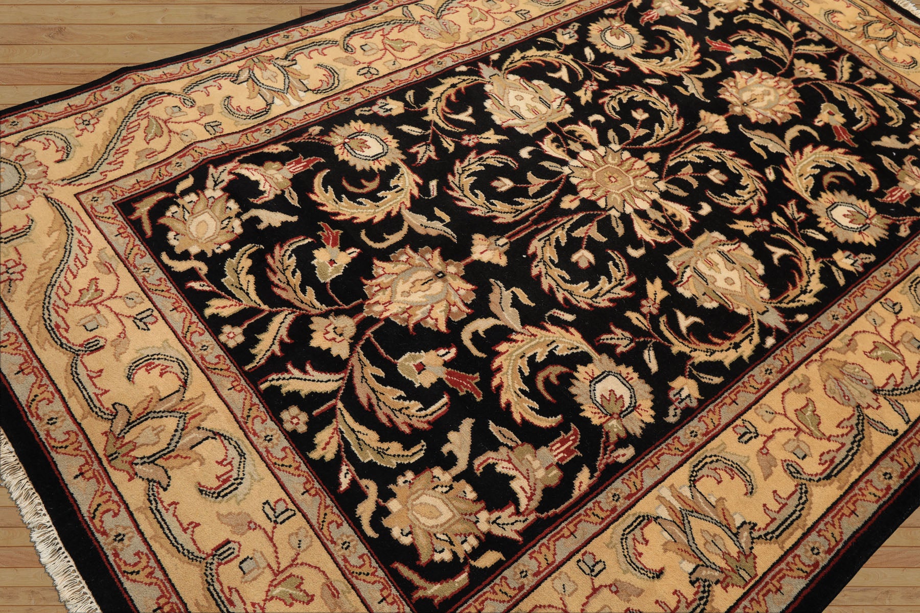 6x9 Black, Warm, Beige Color Hand Knotted Agra Wool Traditional Oriental Rug