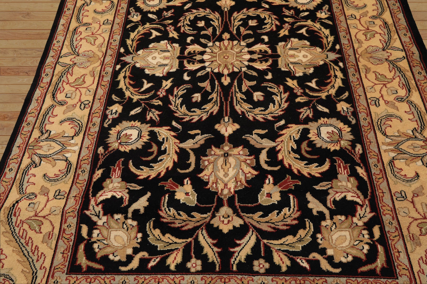 6x9 Black, Warm, Beige Color Hand Knotted Agra Wool Traditional Oriental Rug