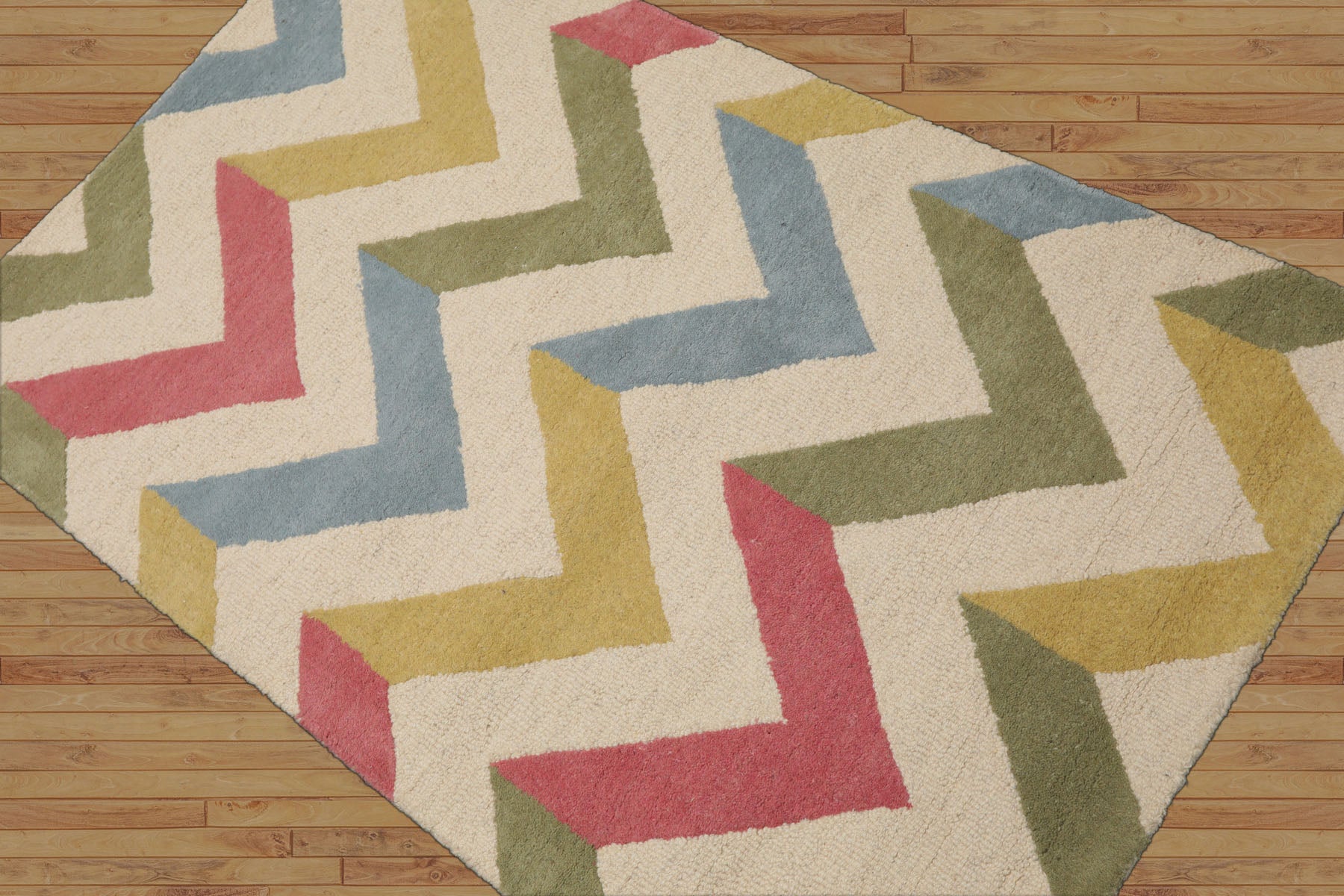 3x5 Ivory, Sage, Blue Color Hand Tufted Chevron Wool Modern Oriental Rug