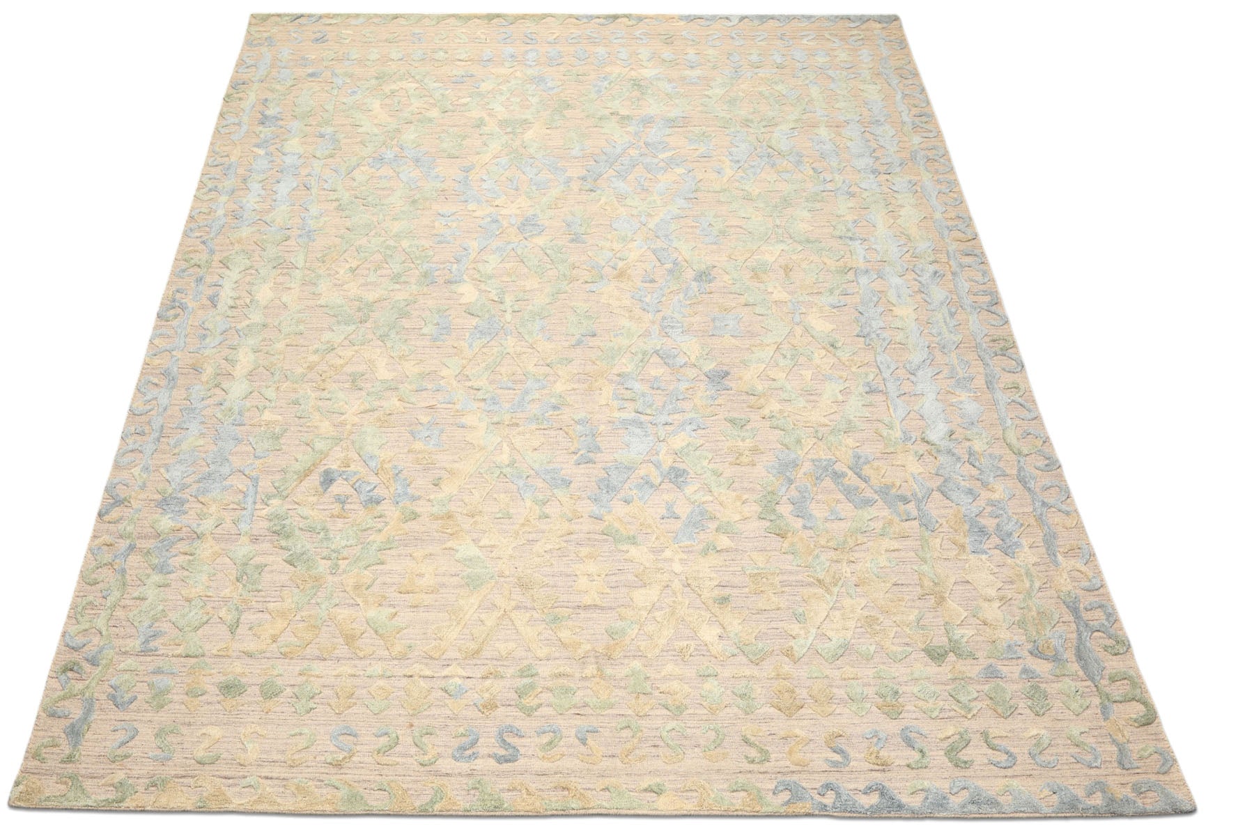 8x10 Taupe, Green, Blue Color Hand Knotted Soumak Wool Modern & Contemporary Oriental Rug