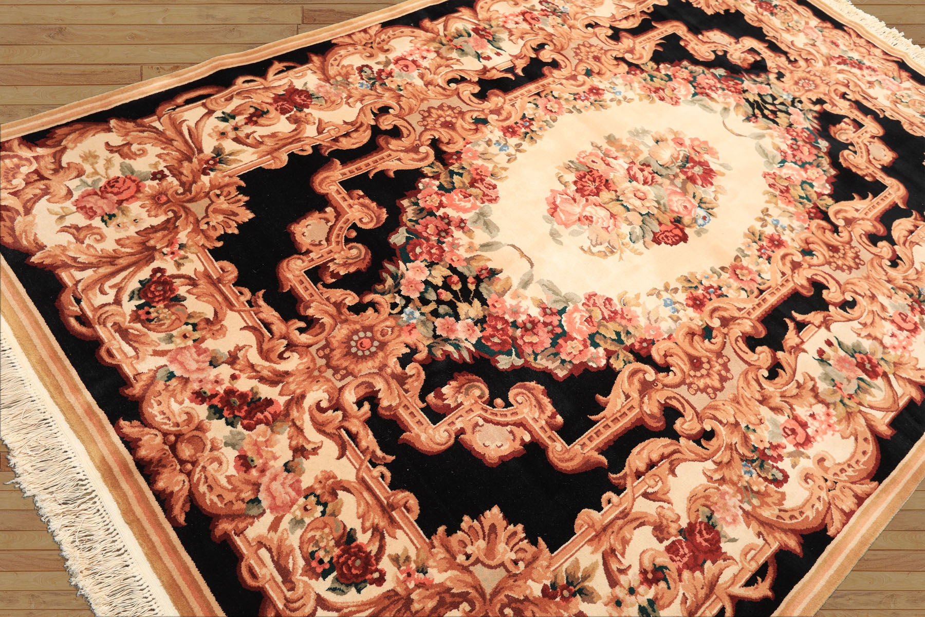 6x9 Ivory, Black, Brown Color Hand Knotted French Aubusson Savonnerie Wool Traditional Oriental Rug