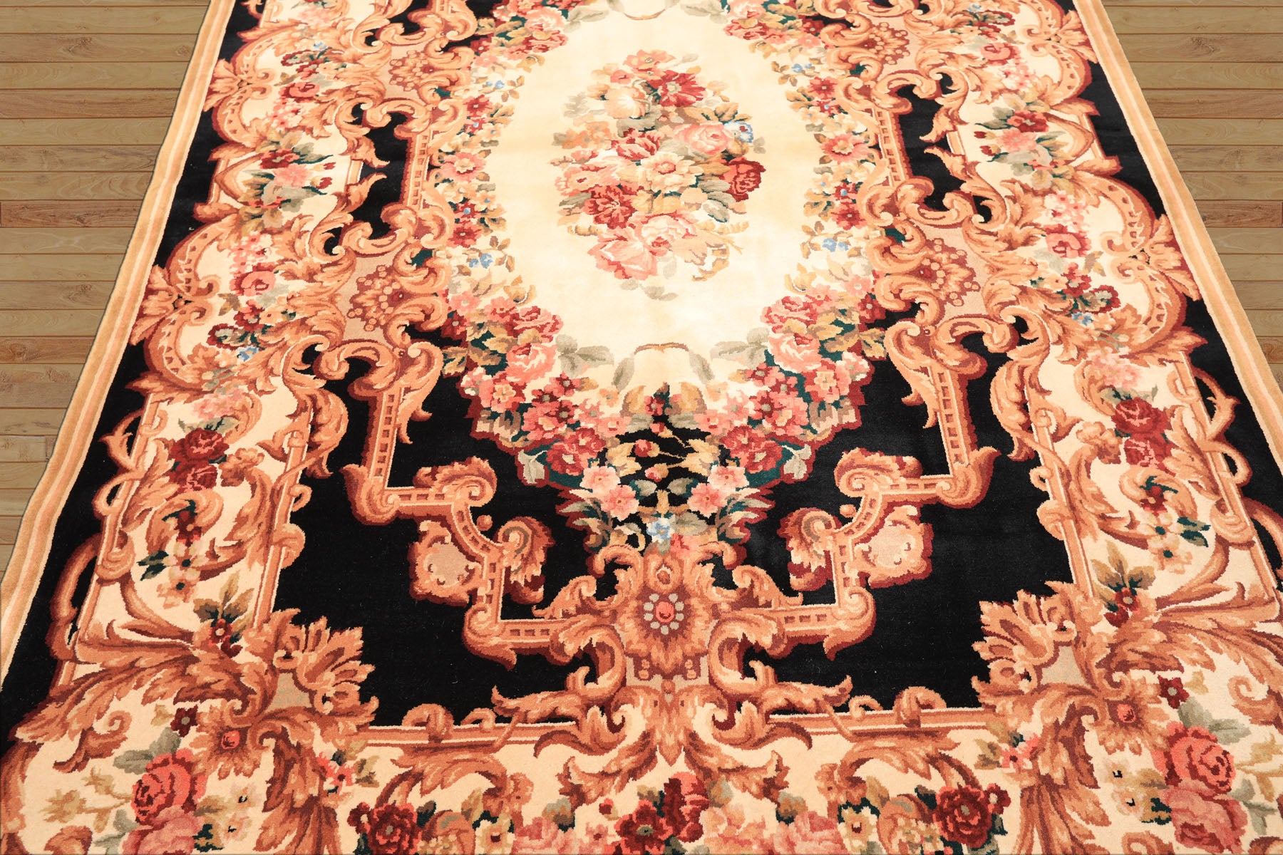 6x9 Ivory, Black, Brown Color Hand Knotted French Aubusson Savonnerie Wool Traditional Oriental Rug