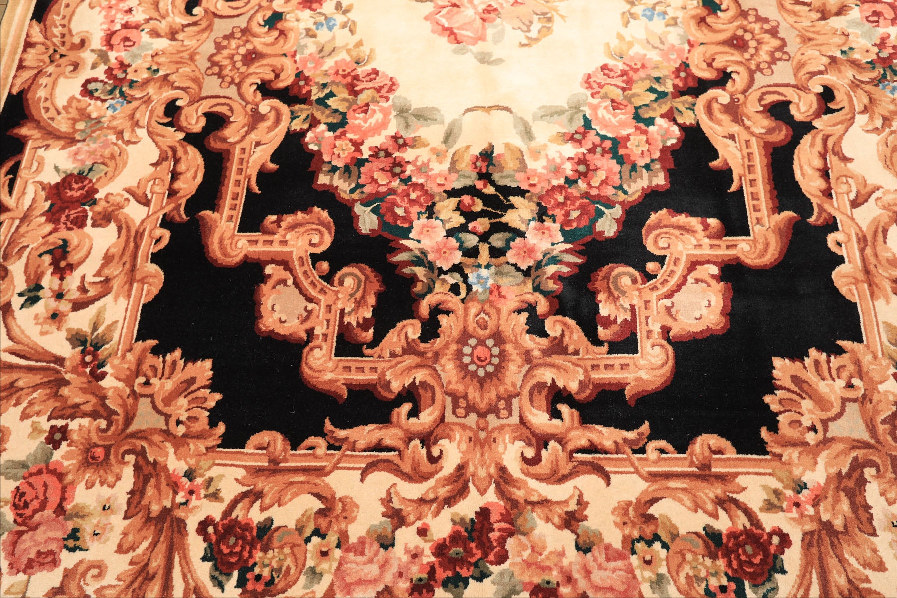 6x9 Ivory, Black, Brown Color Hand Knotted French Aubusson Savonnerie Wool Traditional Oriental Rug