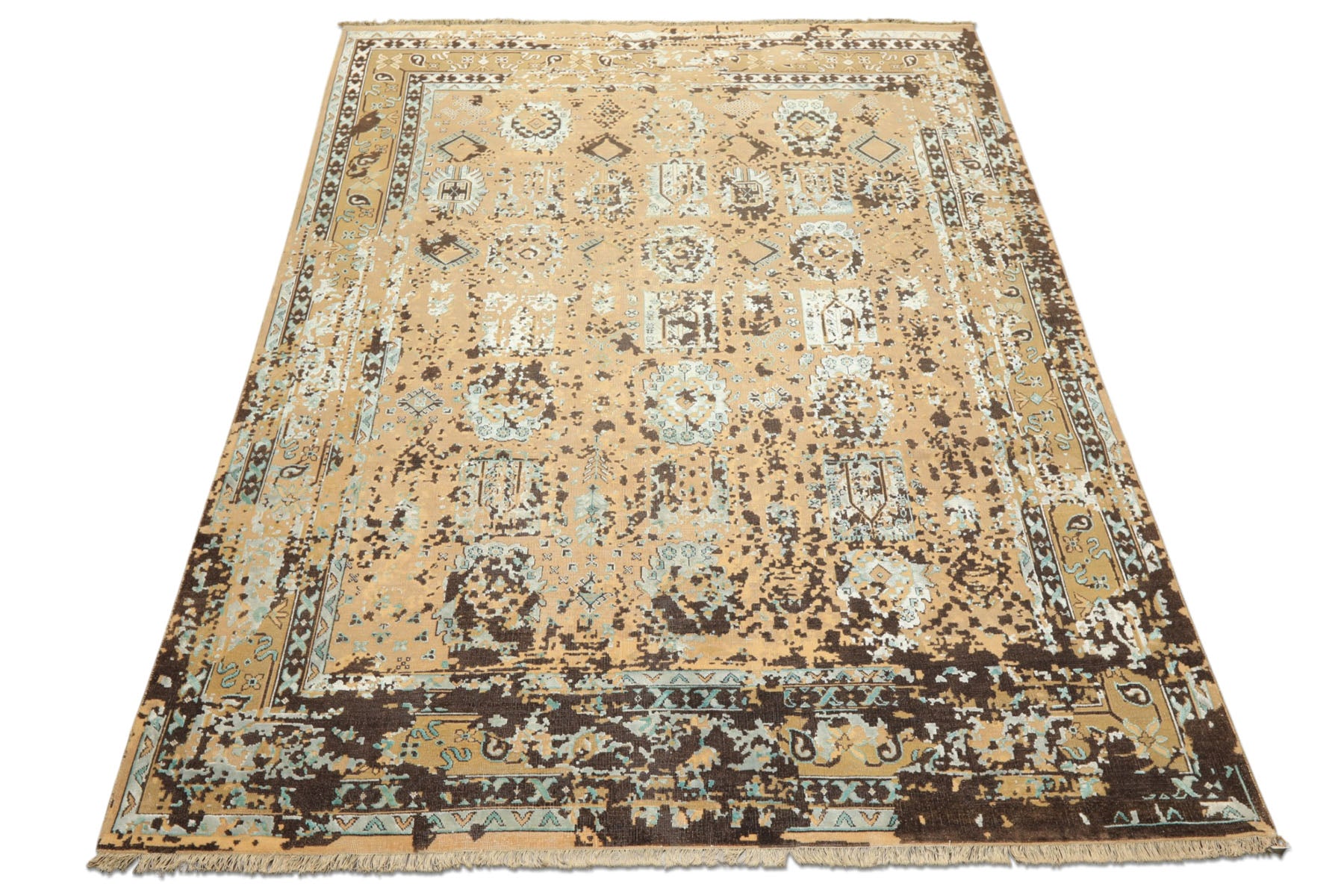 8x10 Beige, Moss, Chocolate Color Hand Knotted Oushak Wool & Bamboo Silk Transitional Oriental Rug