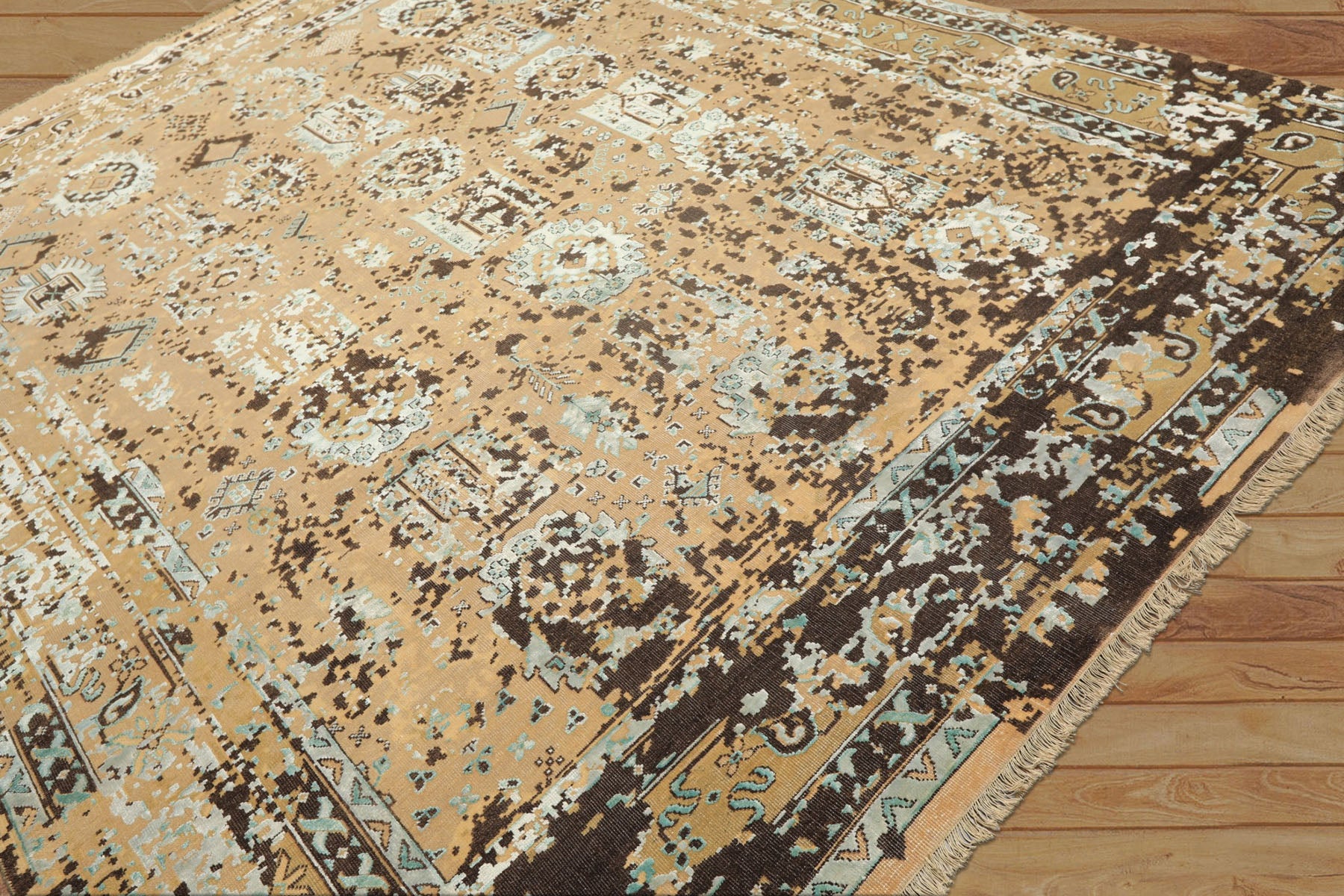 8x10 Beige, Moss, Chocolate Color Hand Knotted Oushak Wool & Bamboo Silk Transitional Oriental Rug