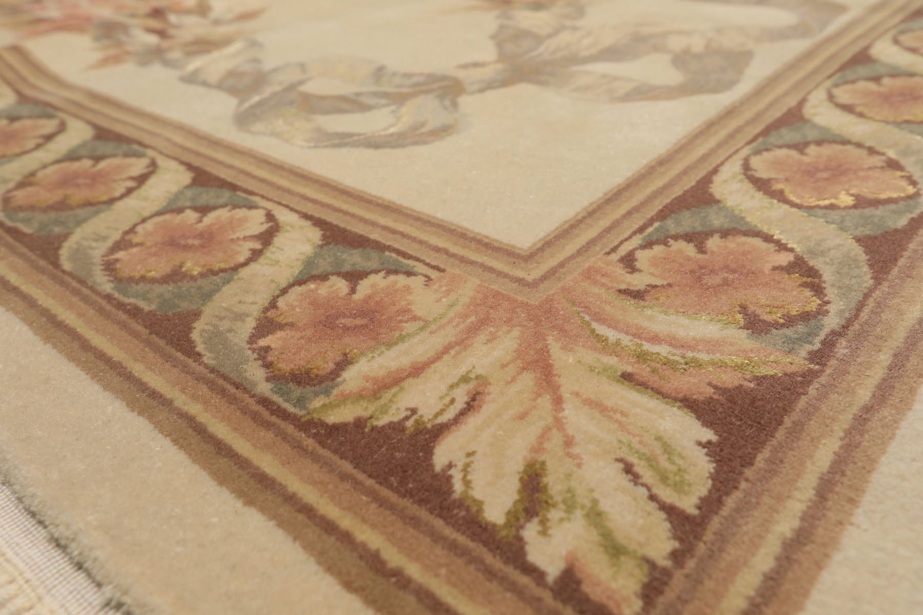 6x9 Ivory, Brown, Taupe Color Hand Knotted French Aubusson Savonnerie Wool & Silk Traditional Oriental Rug