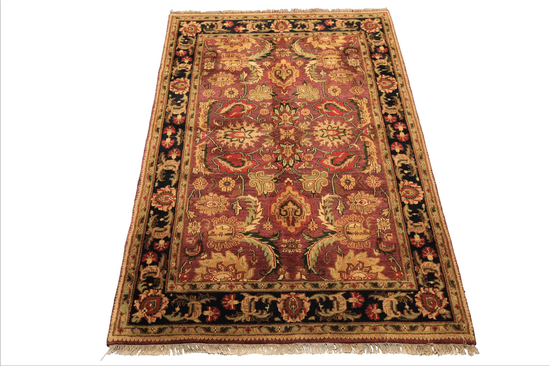 6x9 Plum, Black, Lime Color Hand Knotted Agra Wool Traditional Oriental Rug