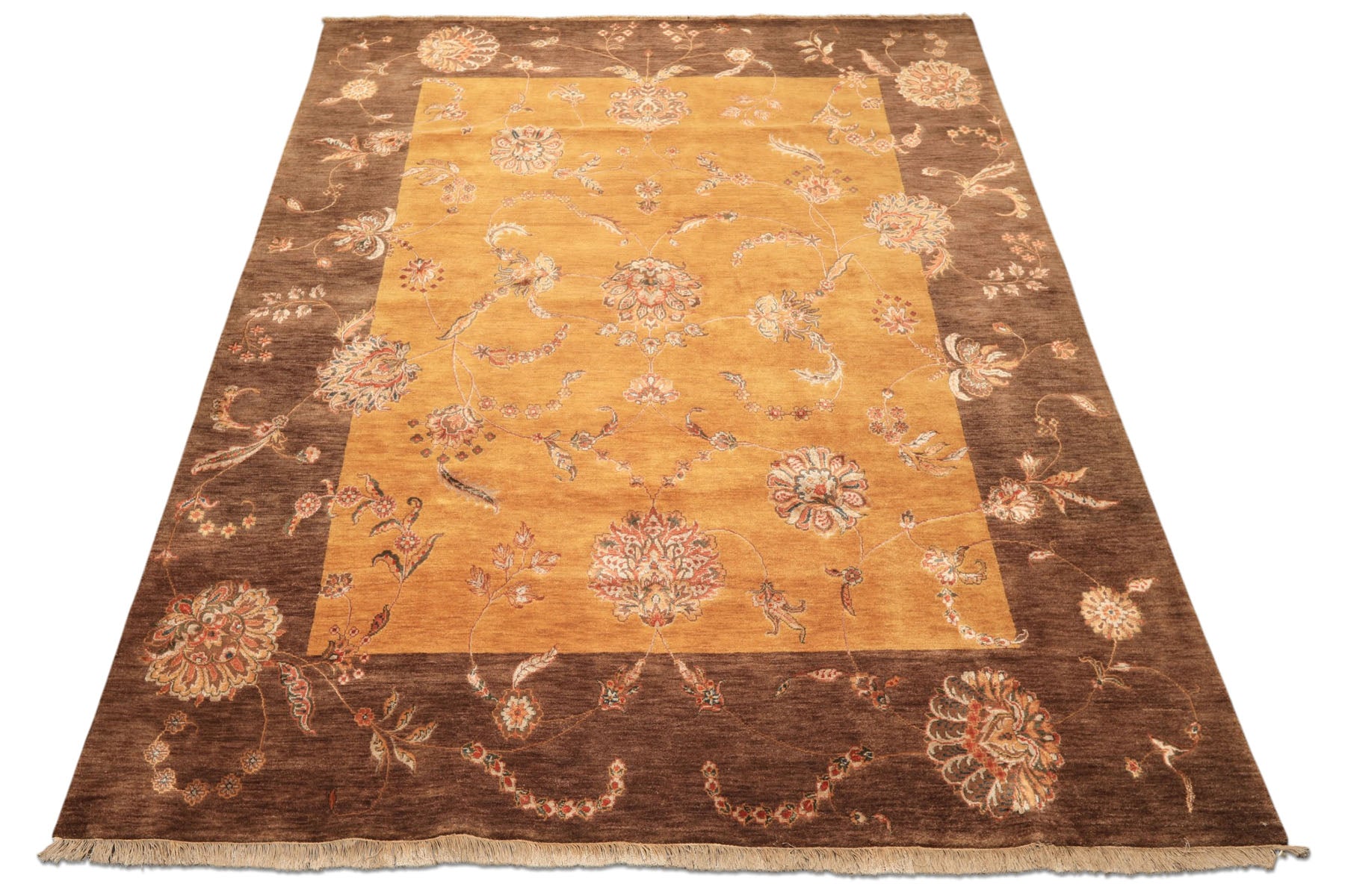 8x10 Gold, Brown, Mint Color Hand Knotted Agra Wool & Silk Transitional Oriental Rug