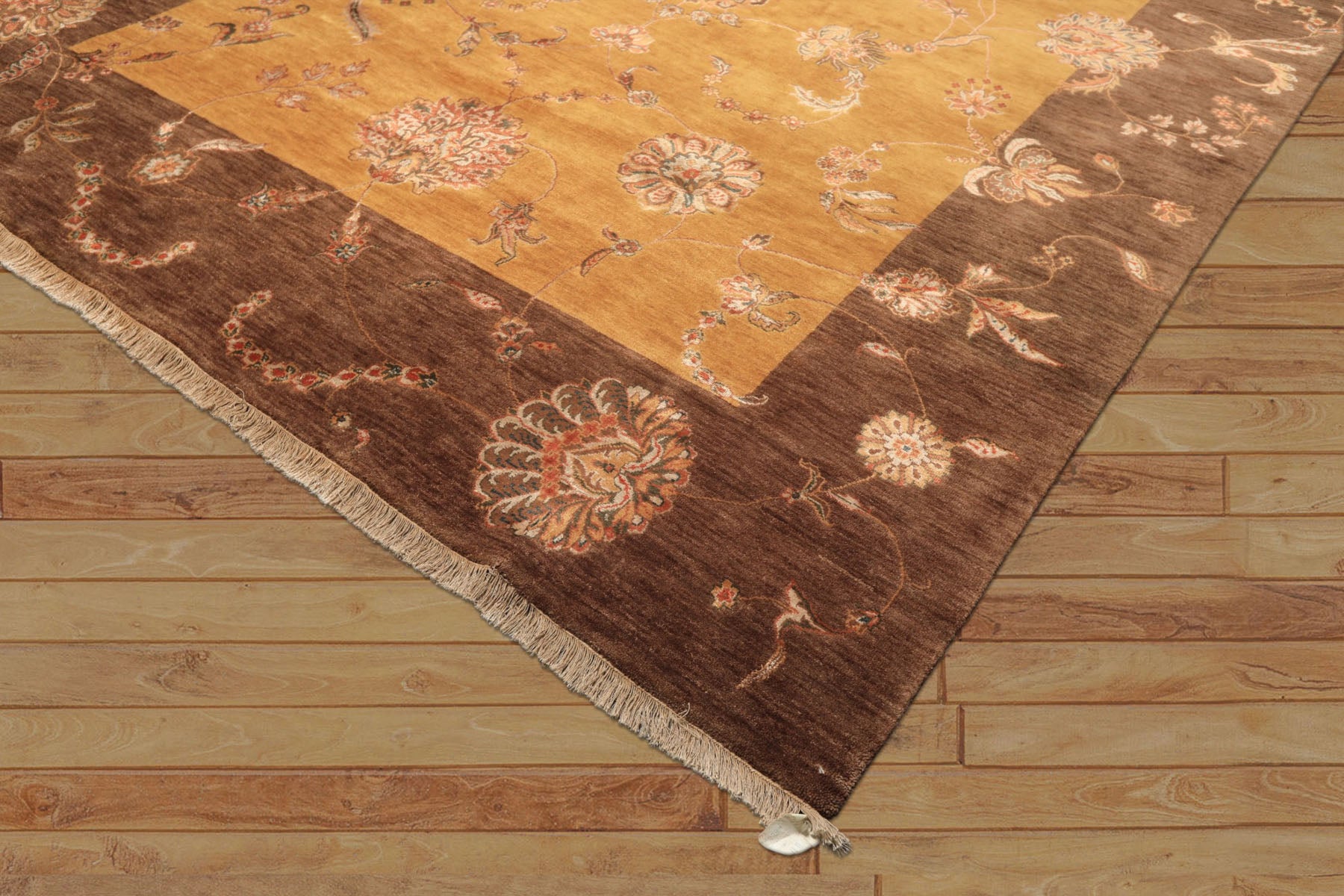 8x10 Gold, Brown, Mint Color Hand Knotted Agra Wool & Silk Transitional Oriental Rug