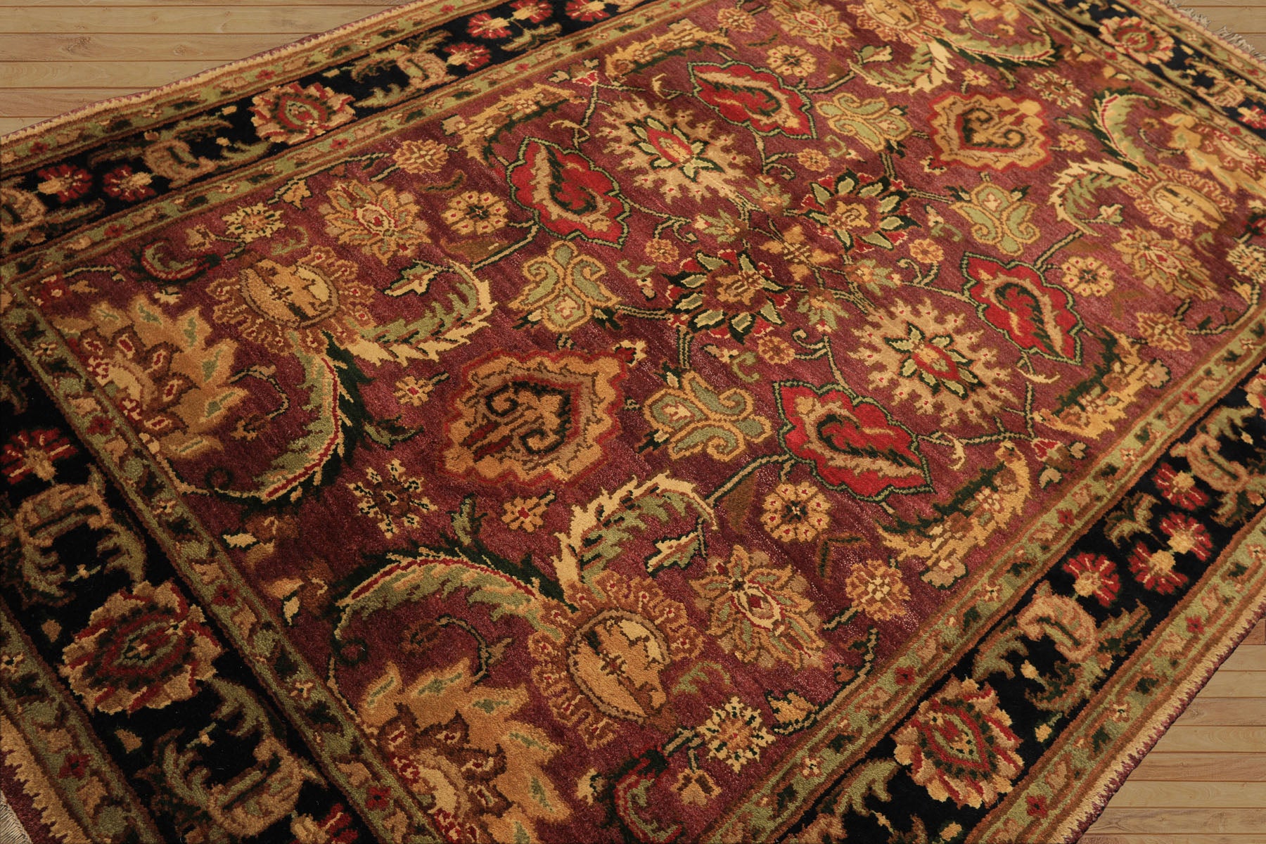 6x9 Plum, Black, Lime Color Hand Knotted Agra Wool Traditional Oriental Rug