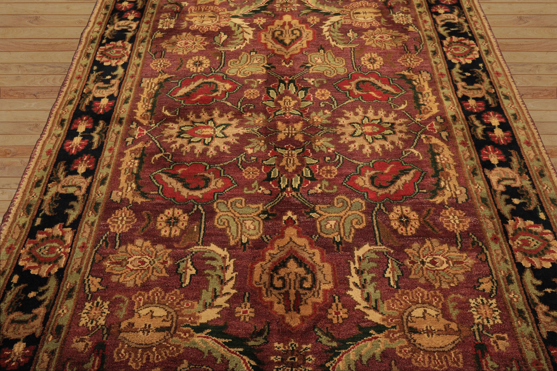 6x9 Plum, Black, Lime Color Hand Knotted Agra Wool Traditional Oriental Rug