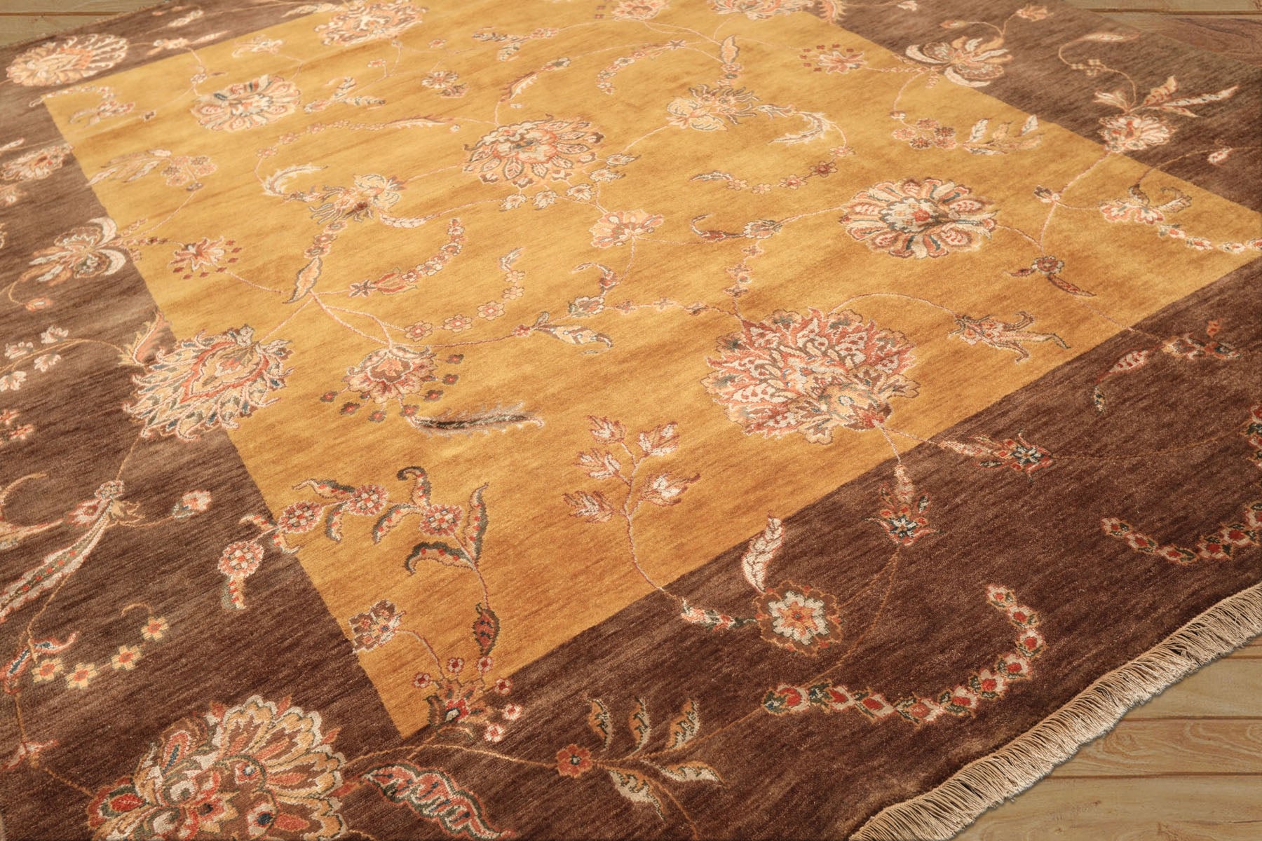 8x10 Gold, Brown, Mint Color Hand Knotted Agra Wool & Silk Transitional Oriental Rug