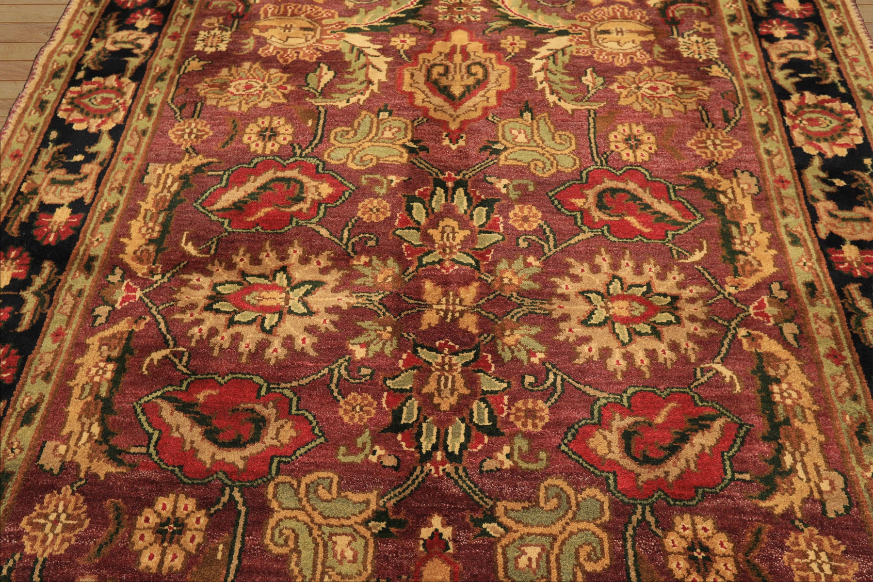 6x9 Plum, Black, Lime Color Hand Knotted Agra Wool Traditional Oriental Rug
