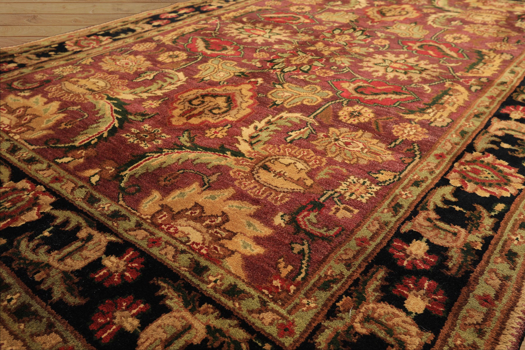 6x9 Plum, Black, Lime Color Hand Knotted Agra Wool Traditional Oriental Rug