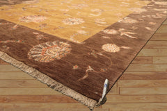 8x10 Gold, Brown, Mint Color Hand Knotted Agra Wool & Silk Transitional Oriental Rug