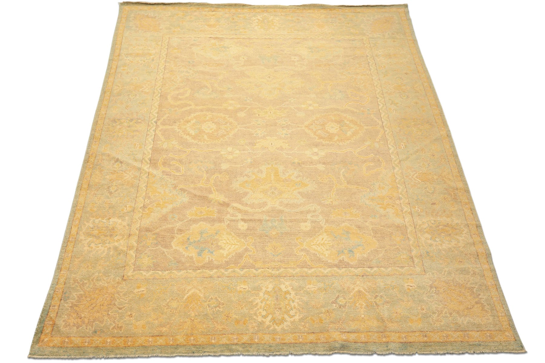 8x10 Taupe, Aqua, Gold Color Hand Knotted Oushak New Zealand Wool Transitional Oriental Rug
