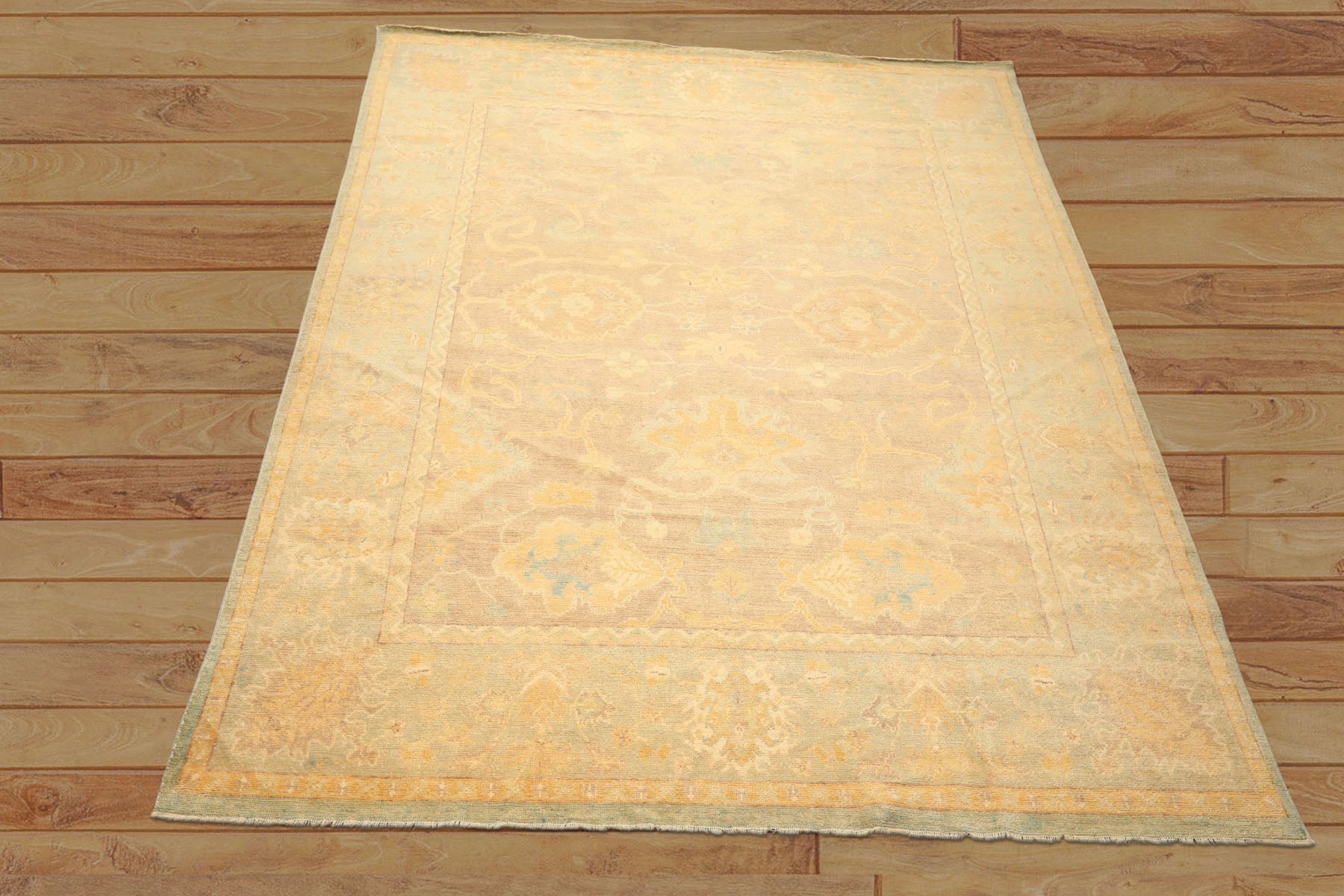 8x10 Taupe, Aqua, Gold Color Hand Knotted Oushak New Zealand Wool Transitional Oriental Rug