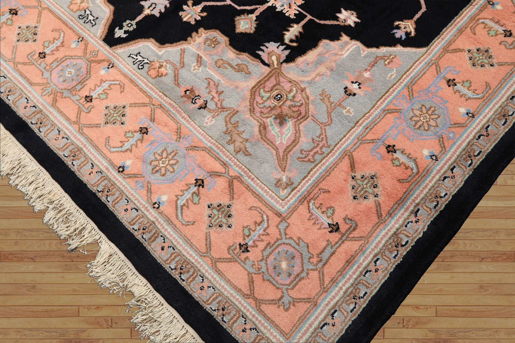 8x10 Black, Peach, Ivory Color Hand Knotted Heriz Wool Traditional Oriental Rug