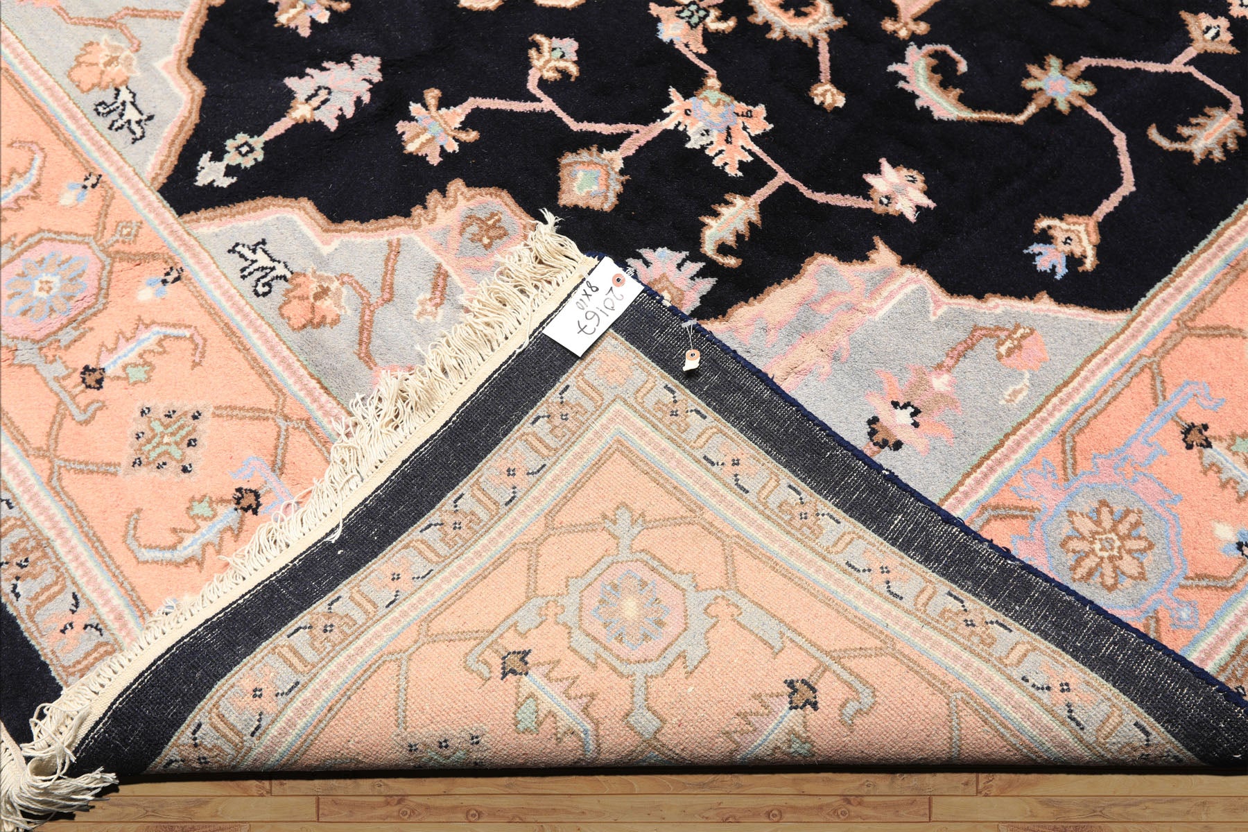 8x10 Black, Peach, Ivory Color Hand Knotted Heriz Wool Traditional Oriental Rug
