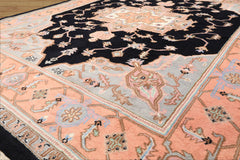 8x10 Black, Peach, Ivory Color Hand Knotted Heriz Wool Traditional Oriental Rug