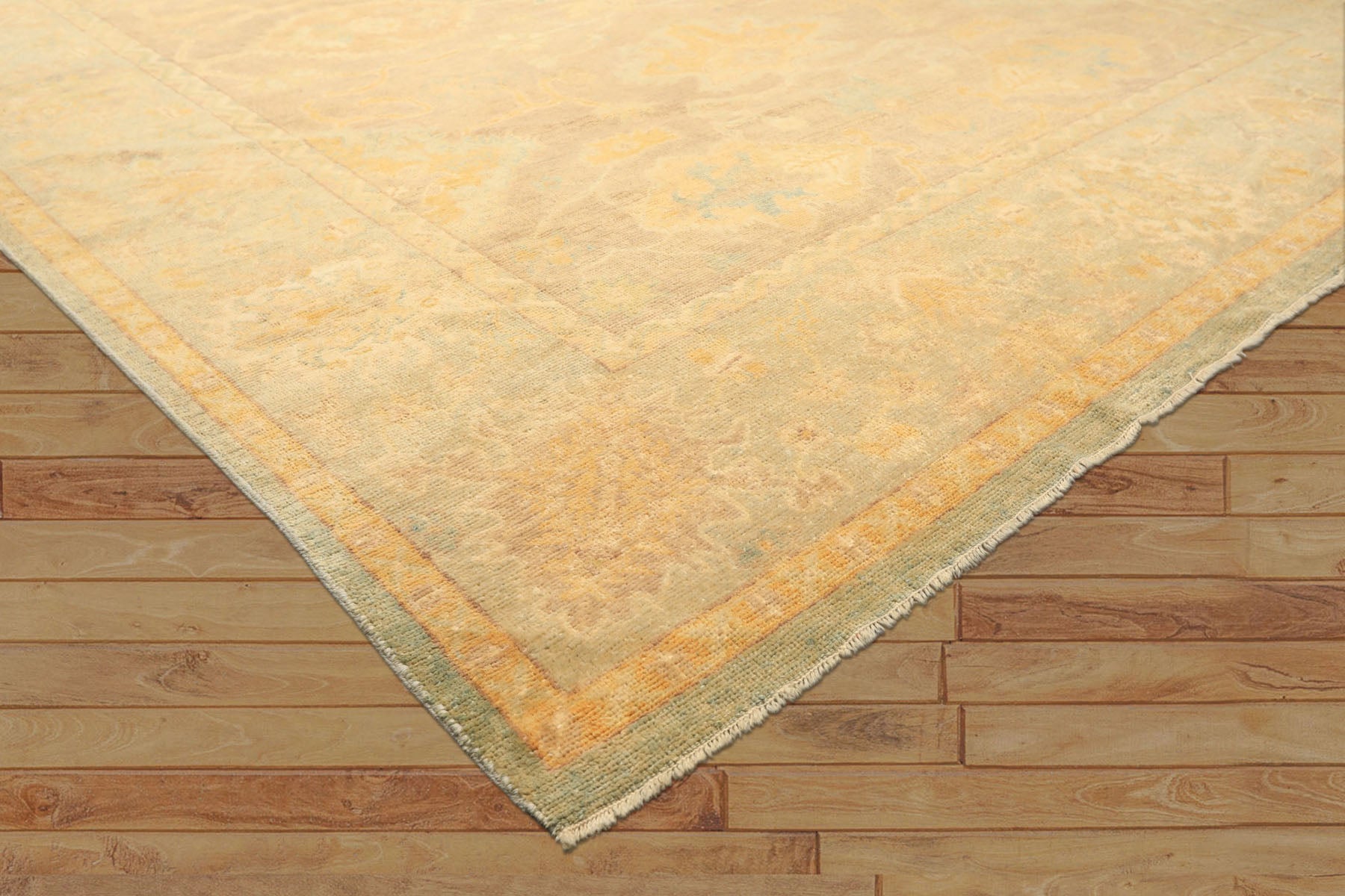 8x10 Taupe, Aqua, Gold Color Hand Knotted Oushak New Zealand Wool Transitional Oriental Rug