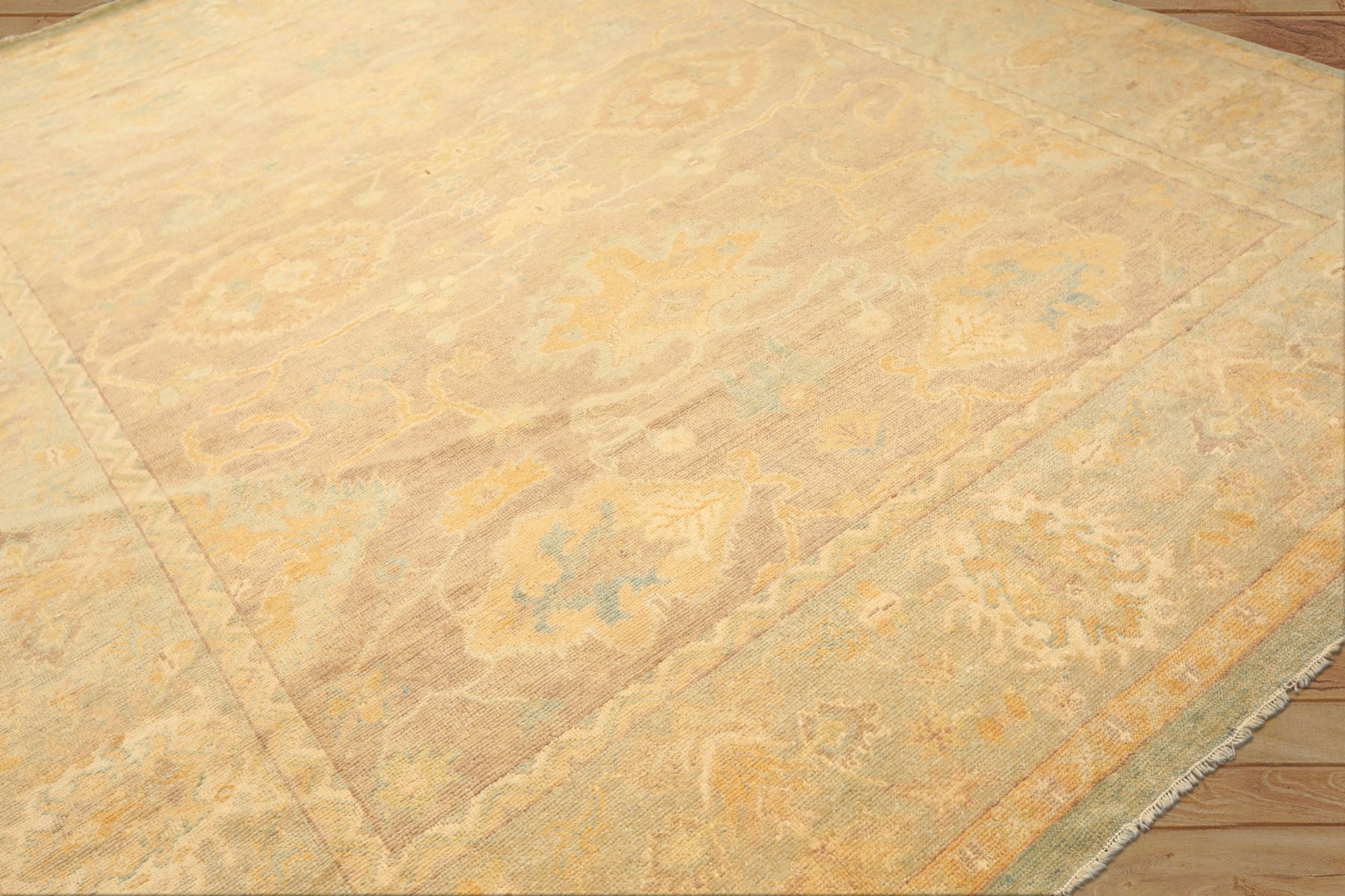 8x10 Taupe, Aqua, Gold Color Hand Knotted Oushak New Zealand Wool Transitional Oriental Rug