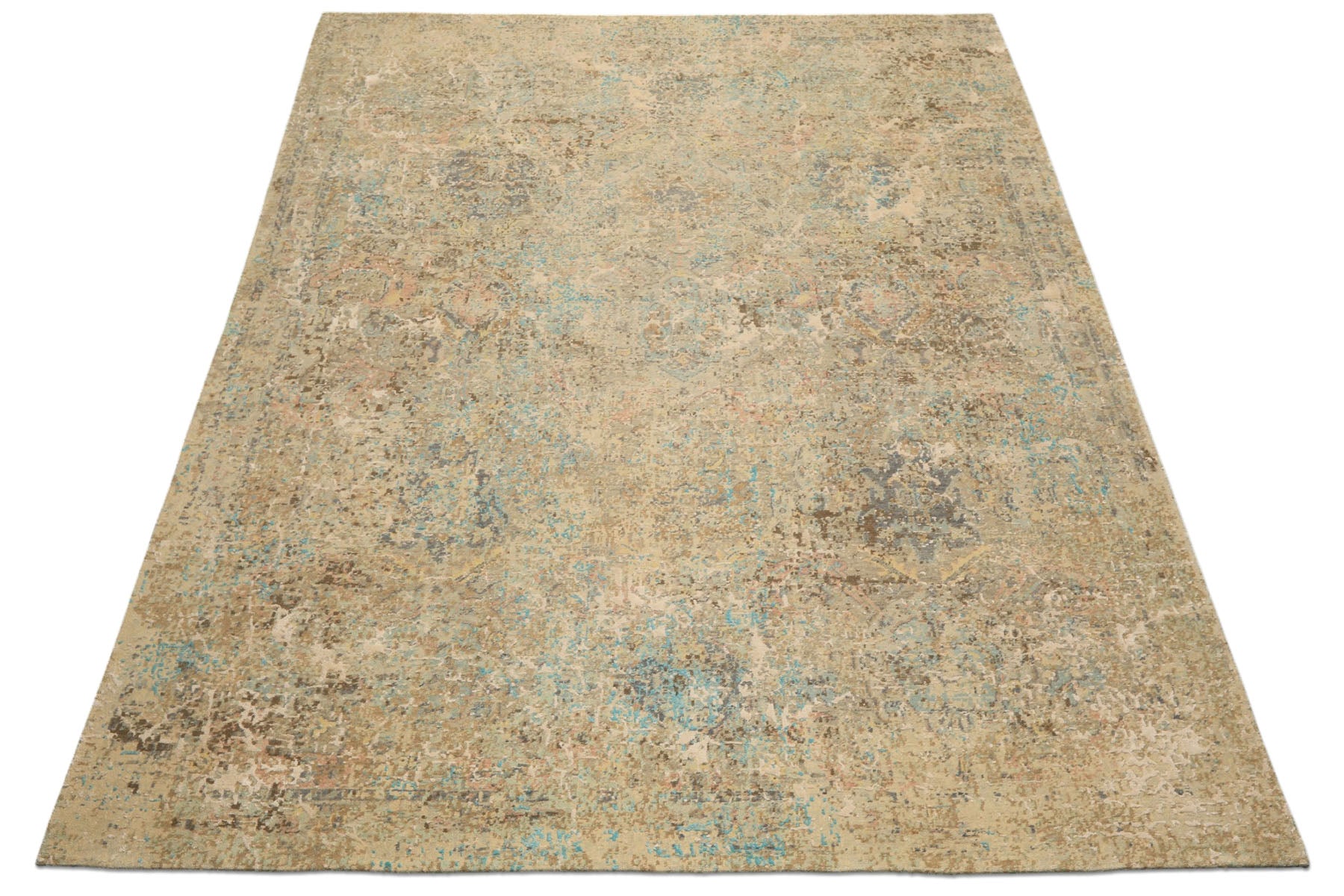 8x10 Beige, Turquoise, Gray Color Hand Knotted Sherpa Wool & Silk Modern & Contemporary Oriental Rug