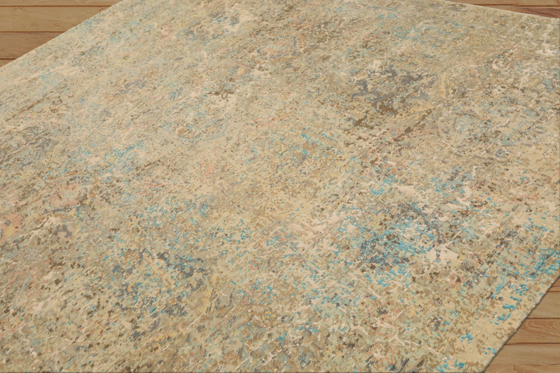 8x10 Beige, Turquoise, Gray Color Hand Knotted Sherpa Wool & Silk Modern & Contemporary Oriental Rug