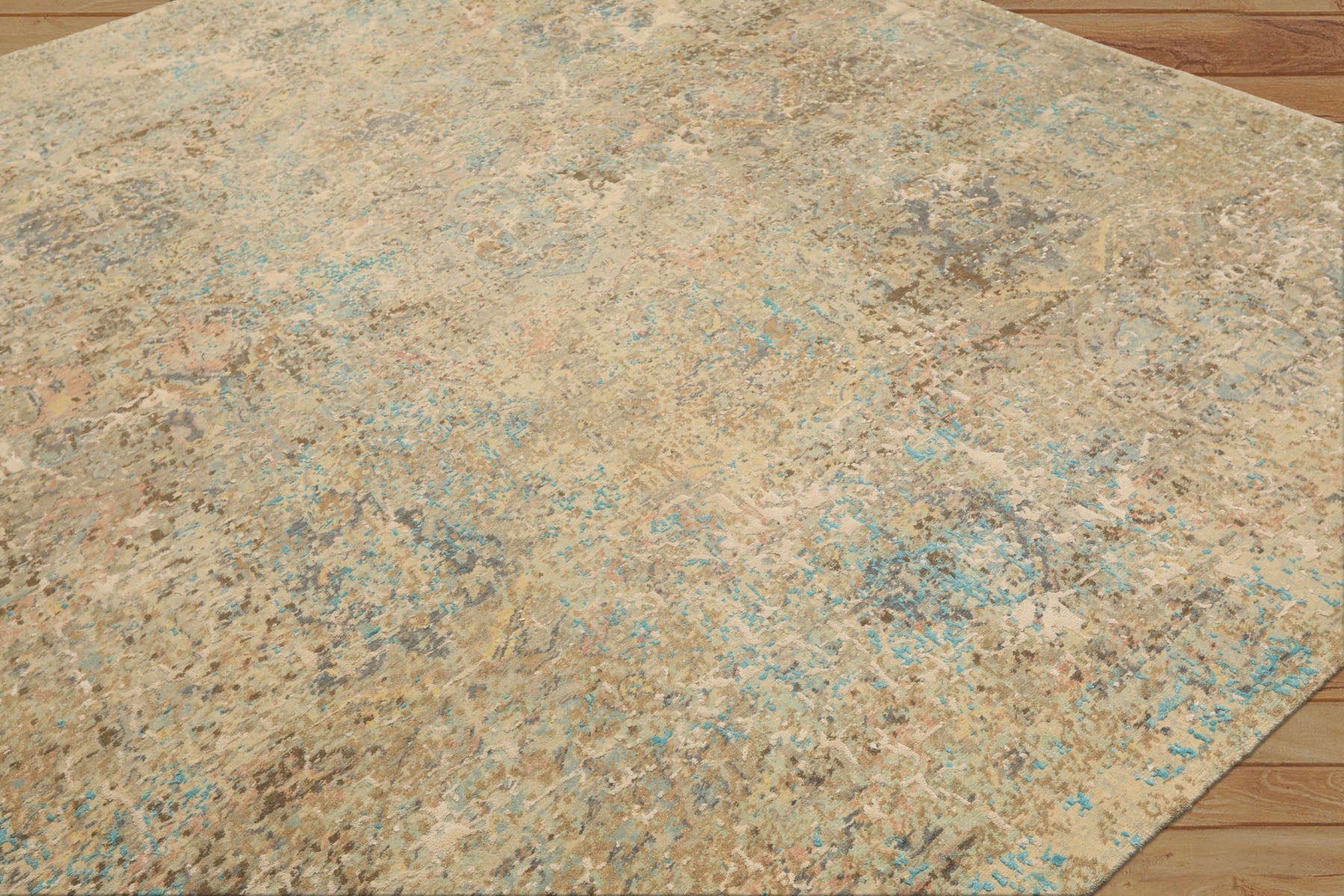 8x10 Beige, Turquoise, Gray Color Hand Knotted Sherpa Wool & Silk Modern & Contemporary Oriental Rug