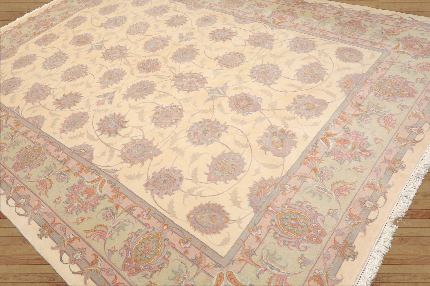 9x12 Ivory, Mint, Blue Color Hand Knotted All-Over 100% Wool Traditional-Persian/Oriental Oriental Rug
