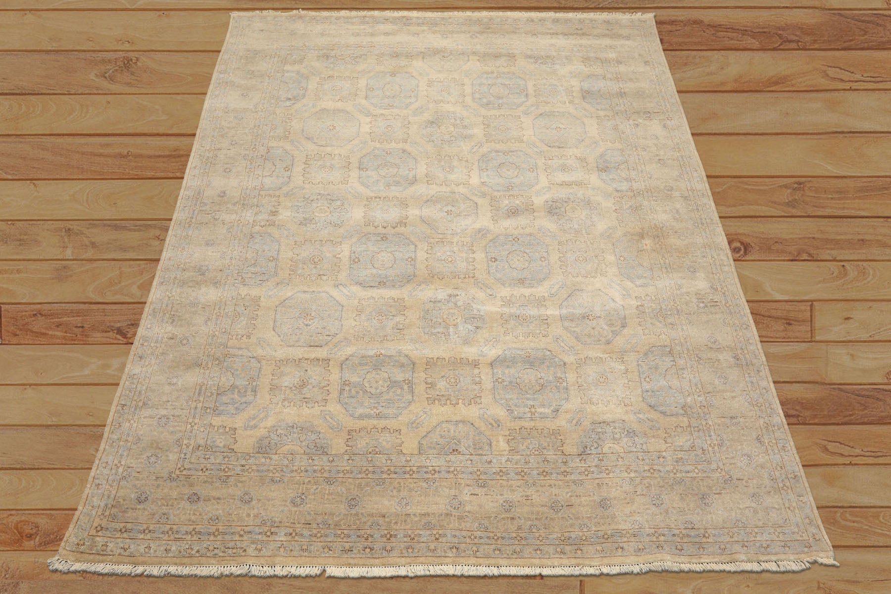 8x10 Beige, Taupe, Slate Color Hand Knotted Khotan Wool Transitional Oriental Rug