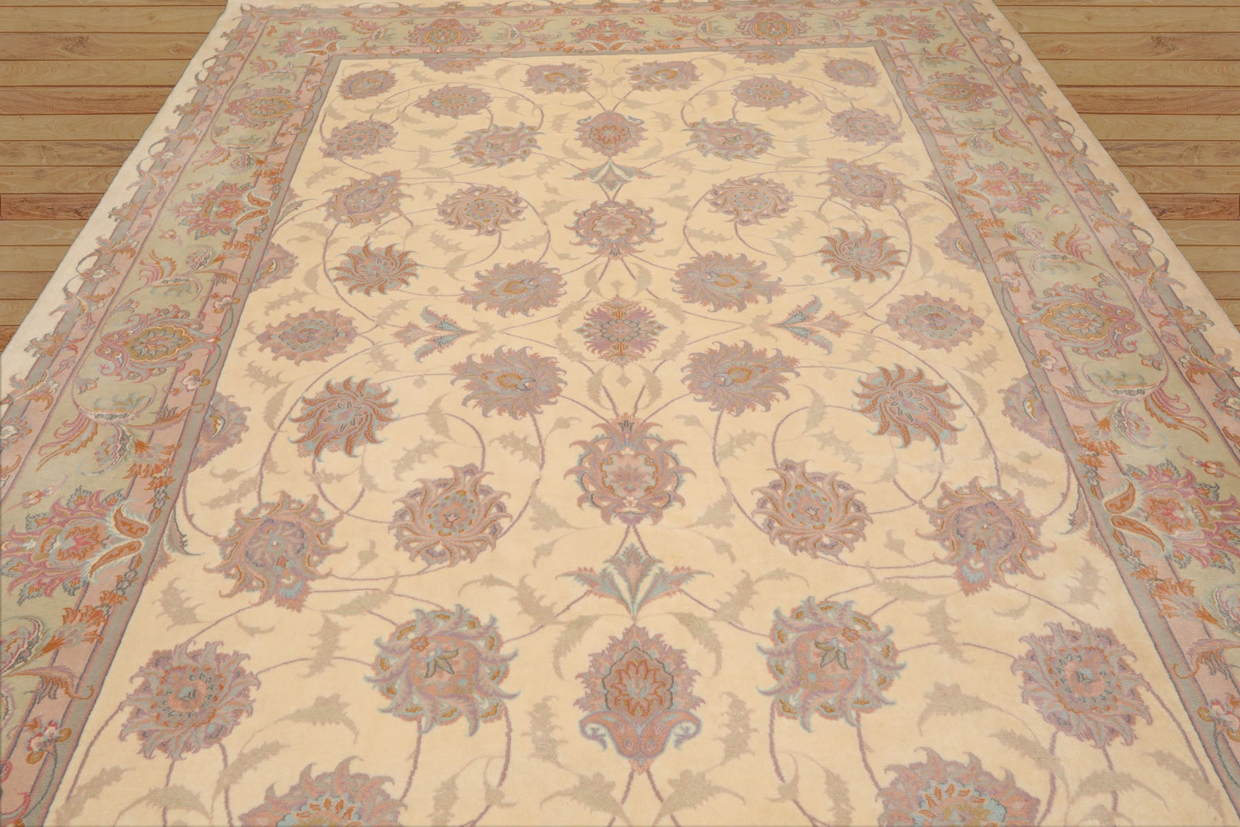 9x12 Ivory, Mint, Blue Color Hand Knotted All-Over 100% Wool Traditional-Persian/Oriental Oriental Rug