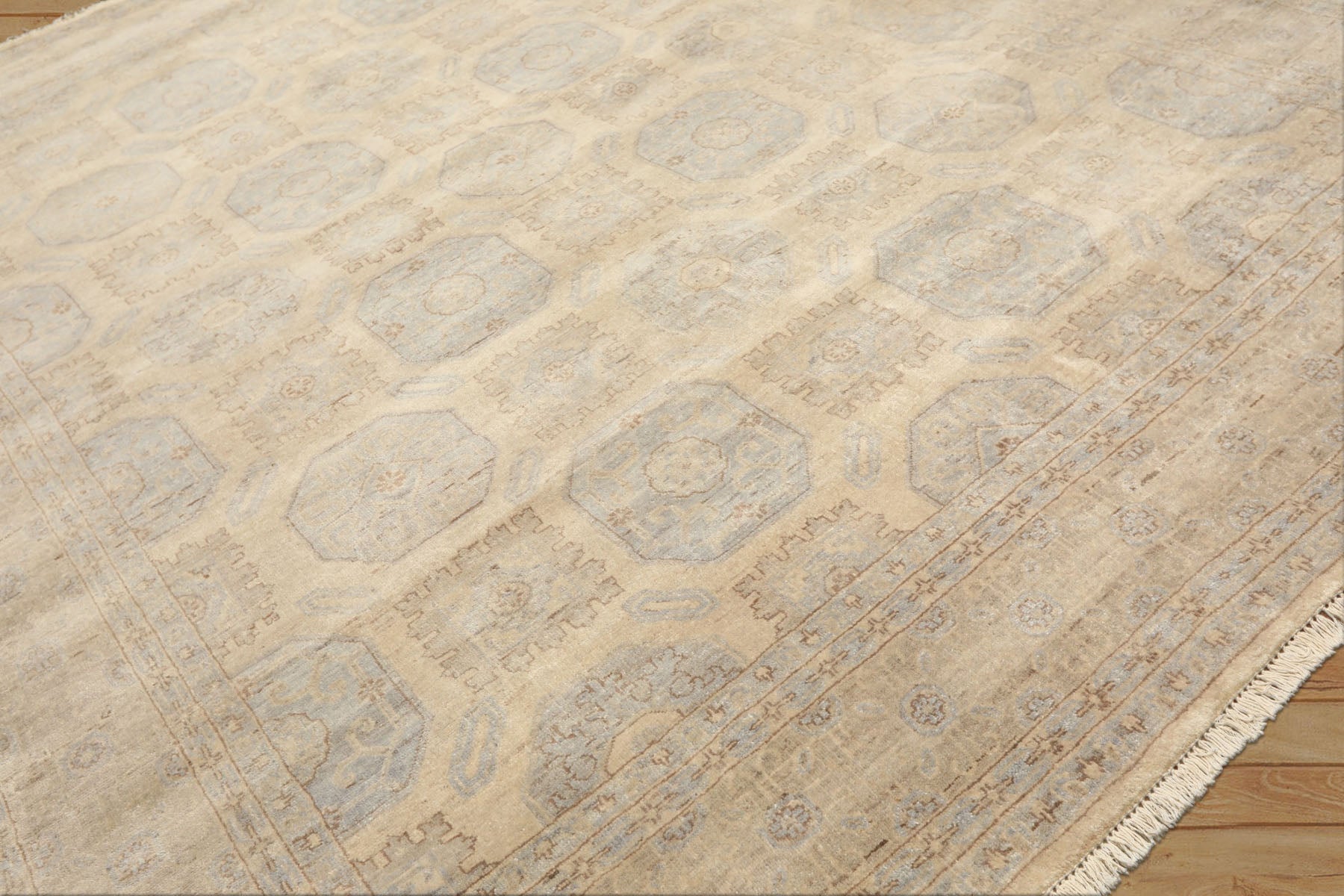 8x10 Beige, Taupe, Slate Color Hand Knotted Khotan Wool Transitional Oriental Rug