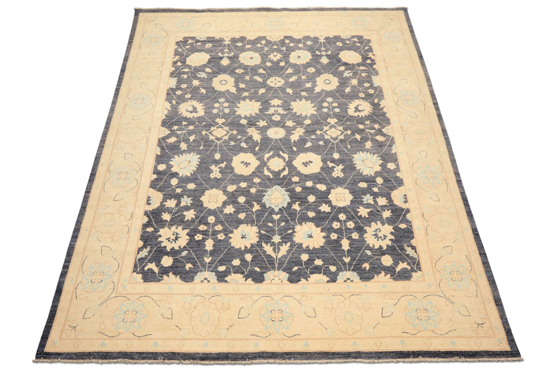 8x10 Denim, Ivory, Aqua Color Hand Knotted Peshawar Wool Traditional Oriental Rug