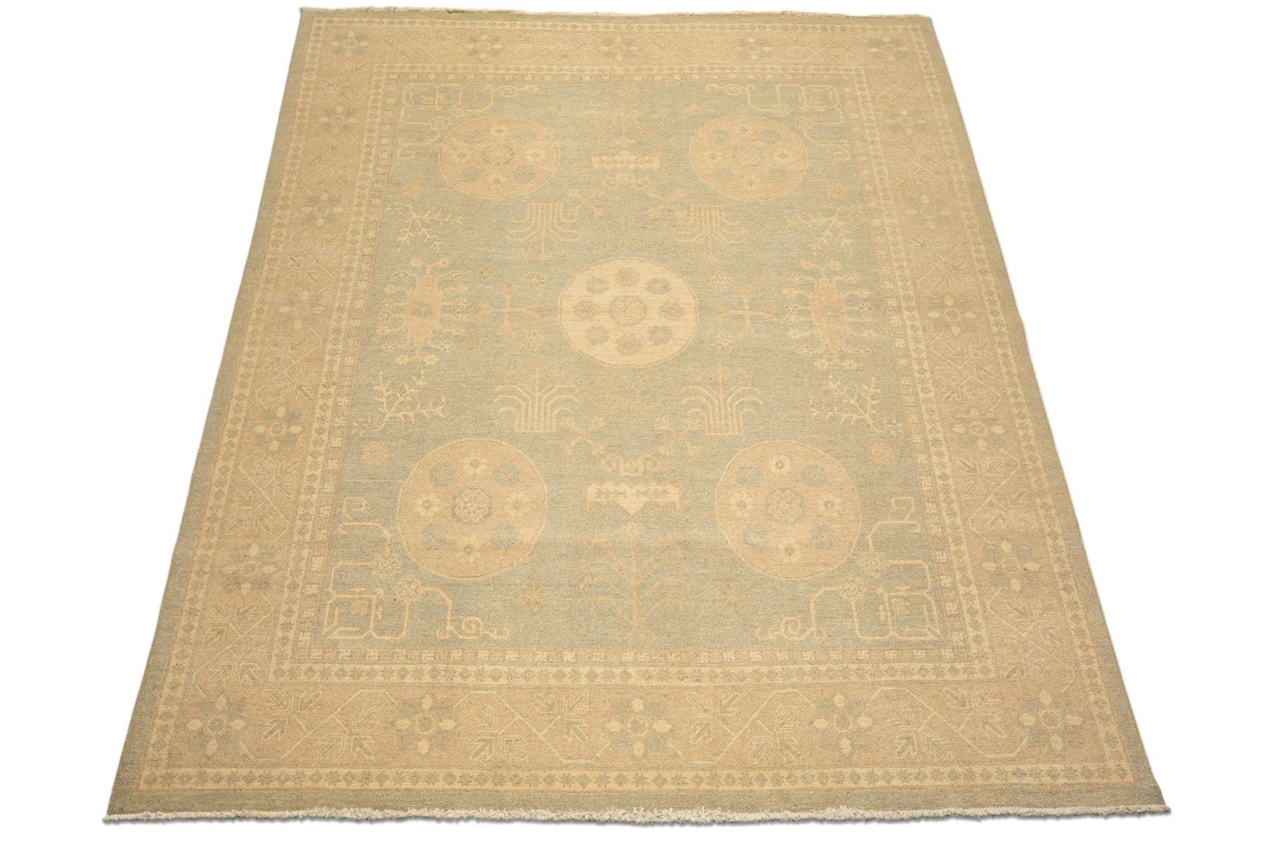 8x10 Mint, Tan, Beige Color Hand Knotted Khotan Wool Transitional Oriental Rug