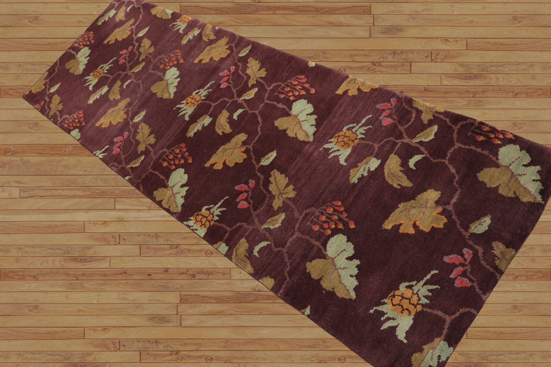 Runner Aubergine, Gold, Mint Color Hand Knotted Tibetan Wool Transitional Oriental Rug