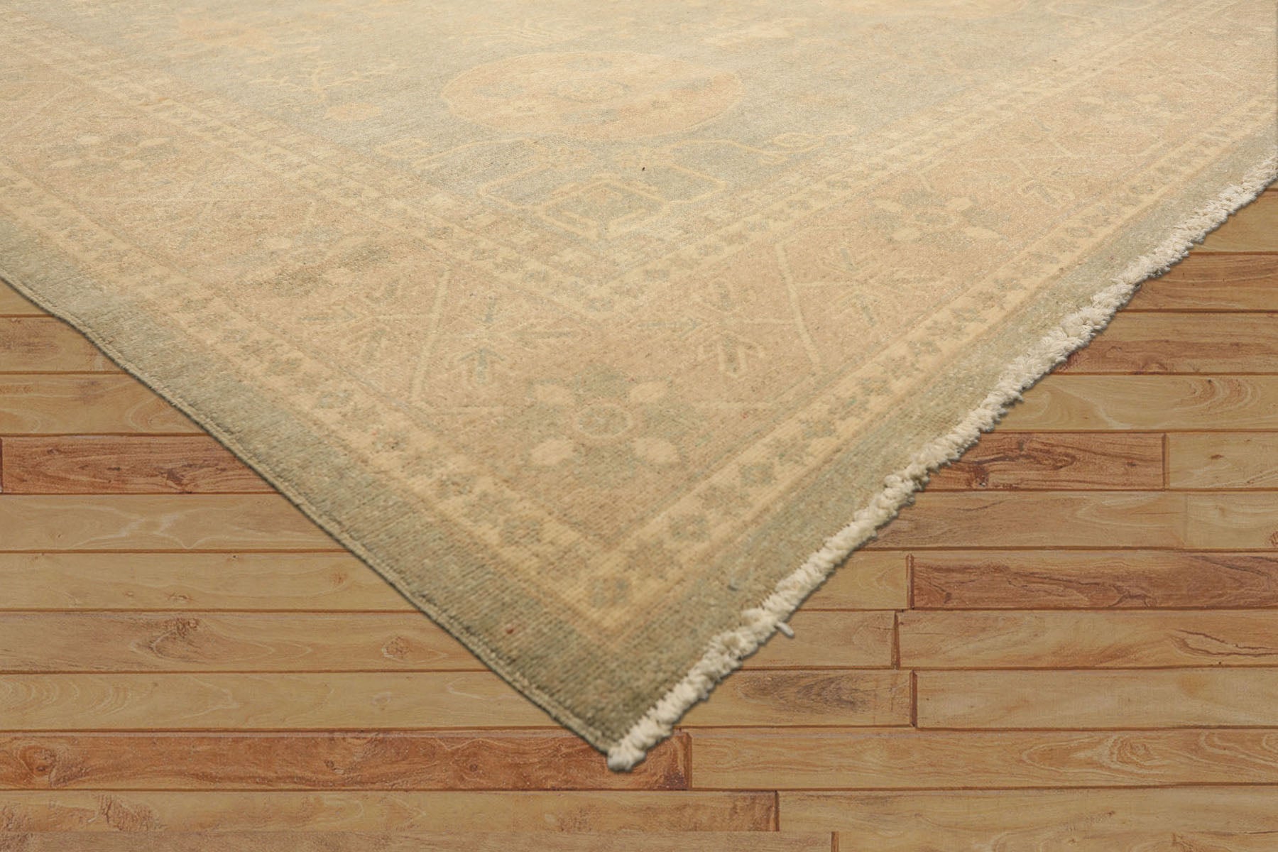8x10 Mint, Tan, Beige Color Hand Knotted Khotan Wool Transitional Oriental Rug