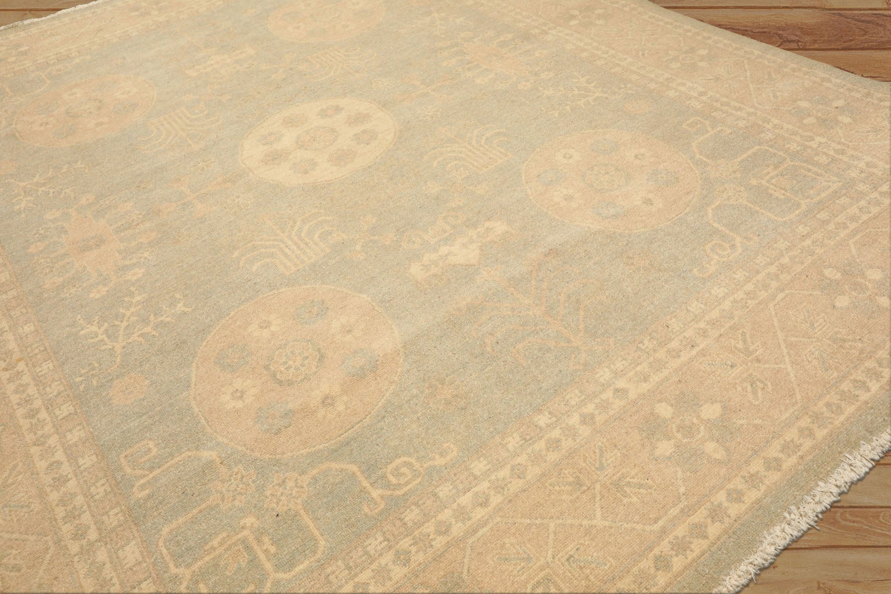 8x10 Mint, Tan, Beige Color Hand Knotted Khotan Wool Transitional Oriental Rug