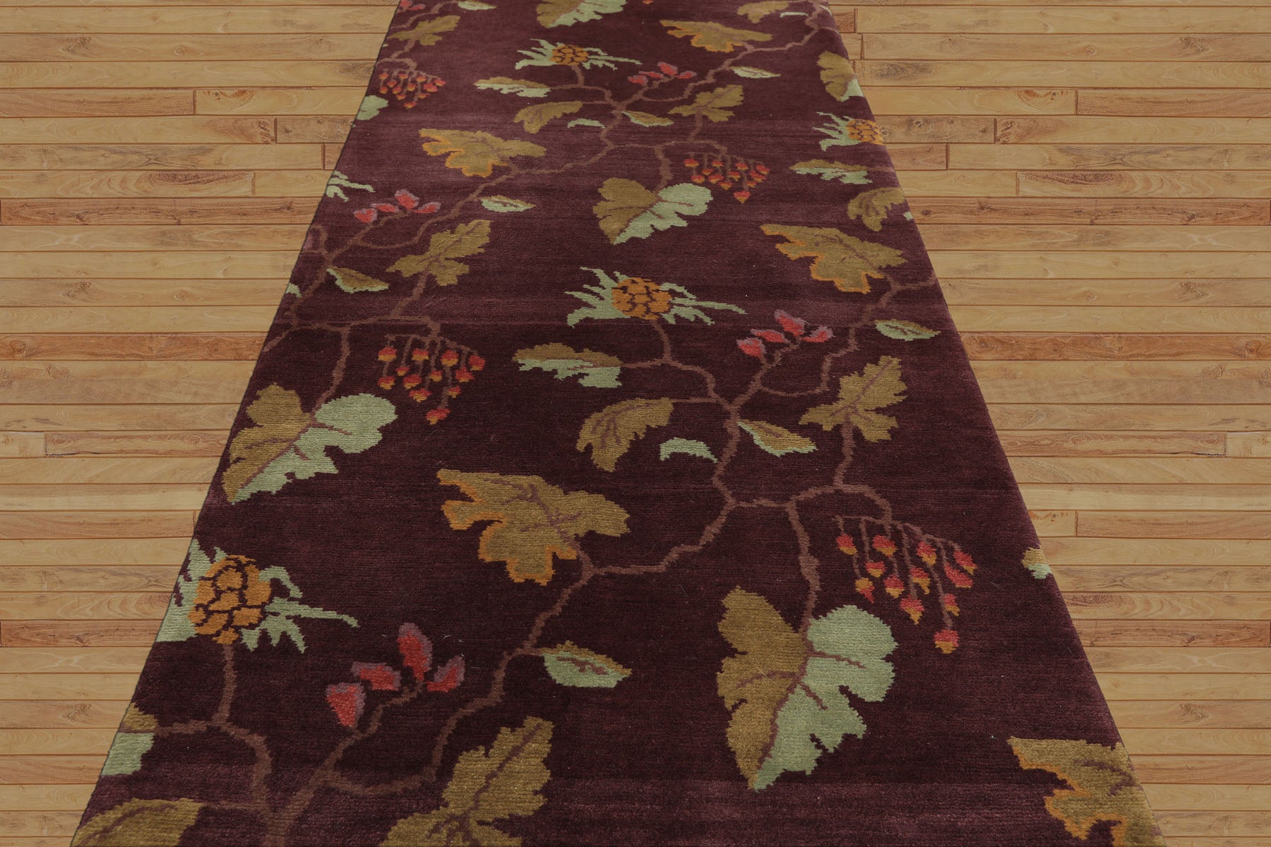 Runner Aubergine, Gold, Mint Color Hand Knotted Tibetan Wool Transitional Oriental Rug