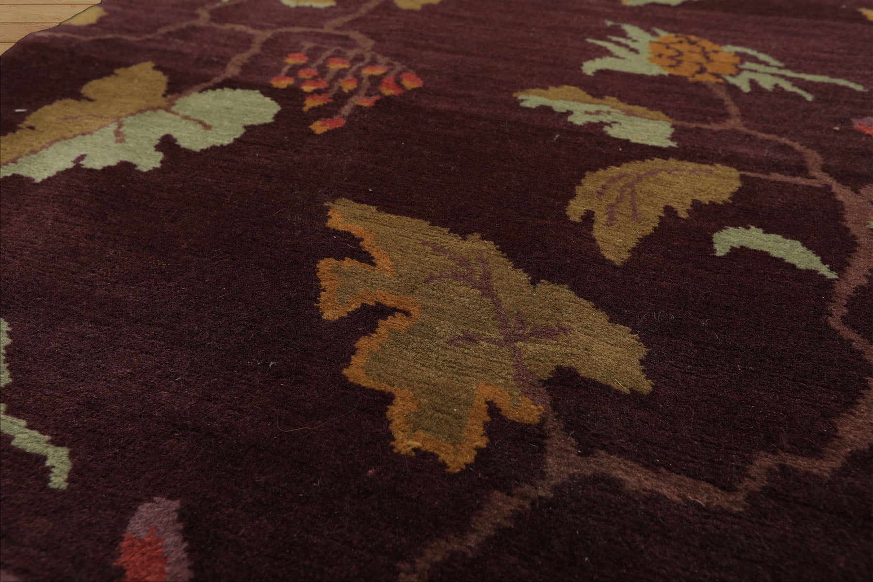 Runner Aubergine, Gold, Mint Color Hand Knotted Tibetan Wool Transitional Oriental Rug