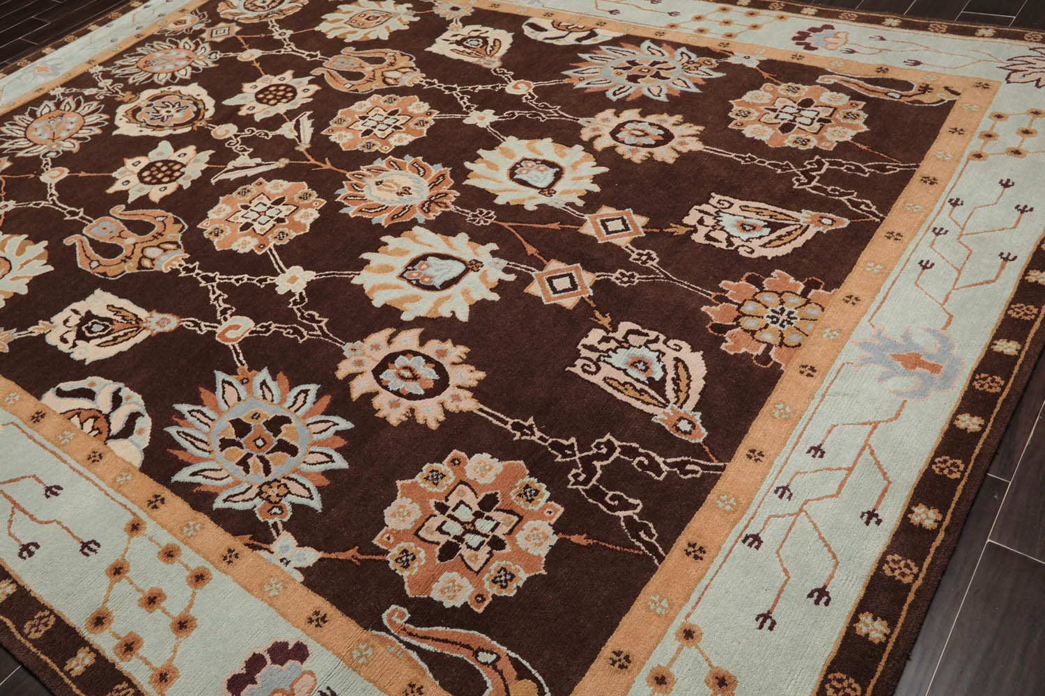 9x12 Chocolate, Aqua, Mint Color Hand Knotted All-Over 100% Wool Traditional-Persian/Oriental Oriental Rug