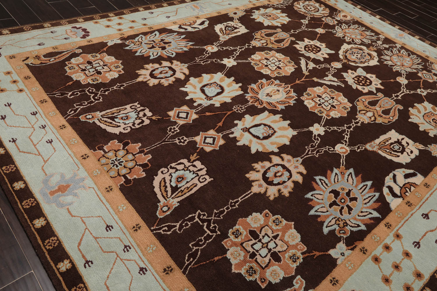 9x12 Chocolate, Aqua, Mint Color Hand Knotted All-Over 100% Wool Traditional-Persian/Oriental Oriental Rug