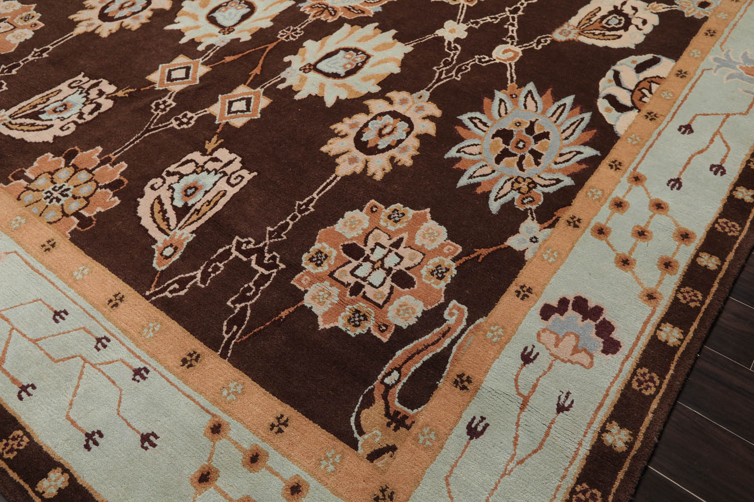 9x12 Chocolate, Aqua, Mint Color Hand Knotted All-Over 100% Wool Traditional-Persian/Oriental Oriental Rug