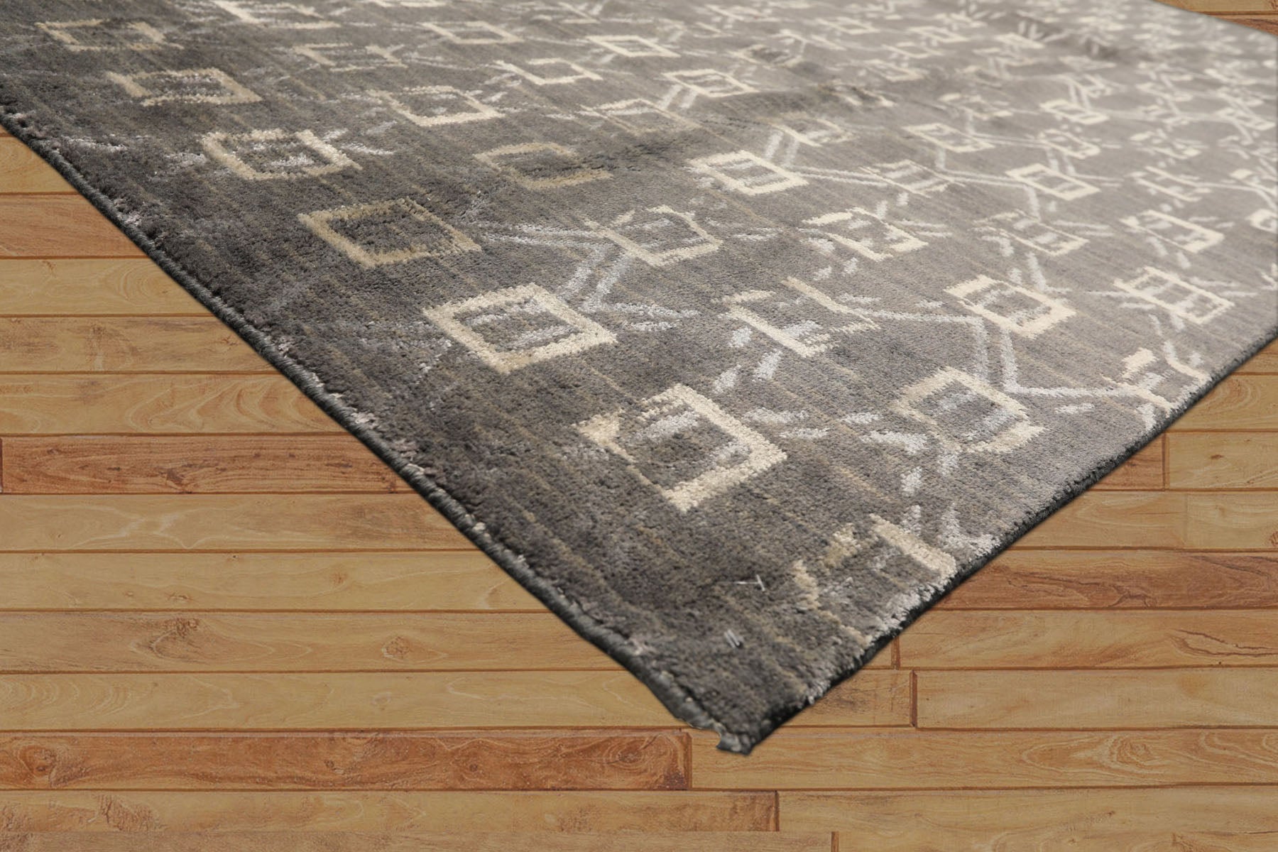 8x10 Tone on Tone Gray, , Color Hand Loomed Indo Tibetan Wool & Bamboo Silk Modern & Contemporay Oriental Rug