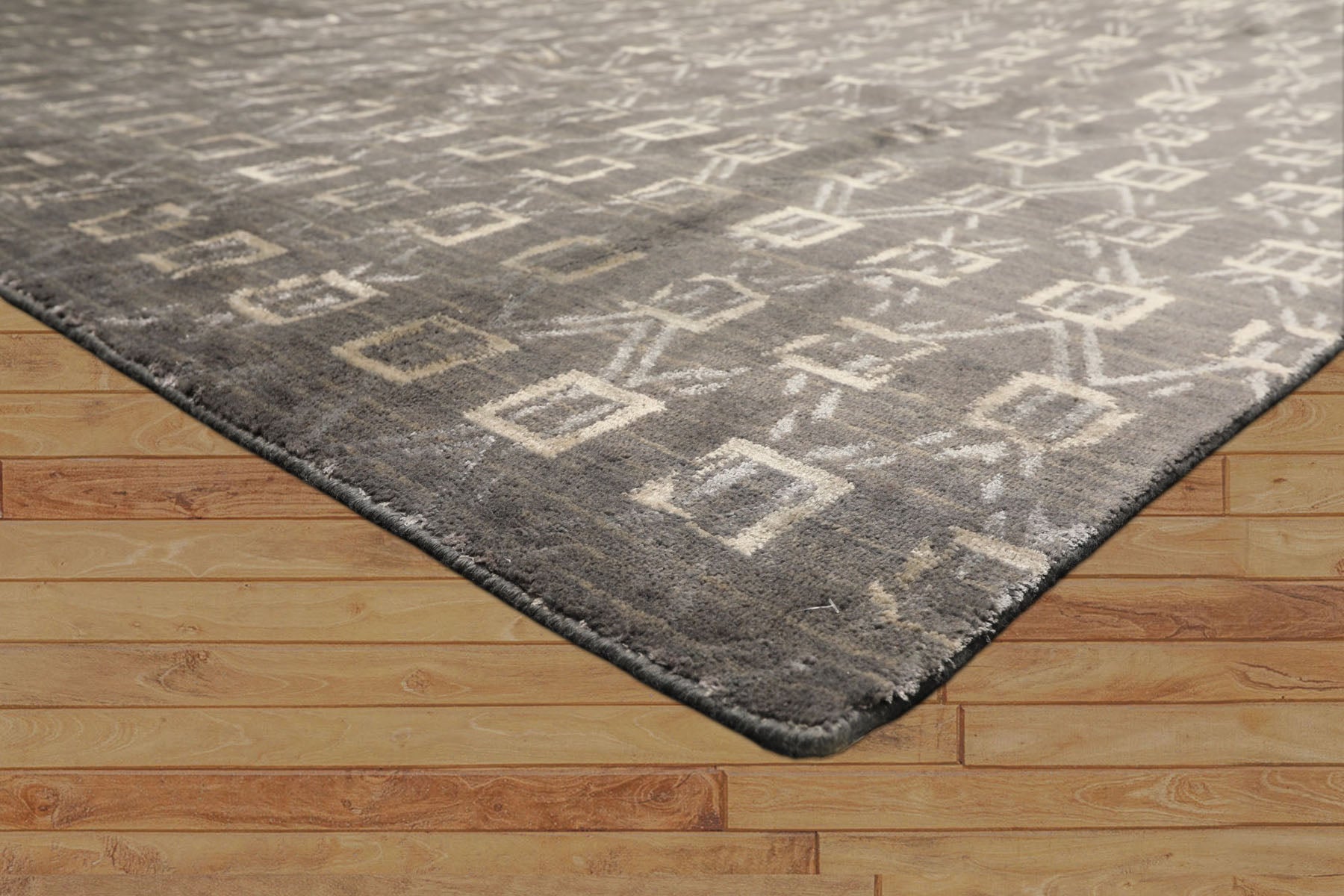 8x10 Tone on Tone Gray, , Color Hand Loomed Indo Tibetan Wool & Bamboo Silk Modern & Contemporay Oriental Rug